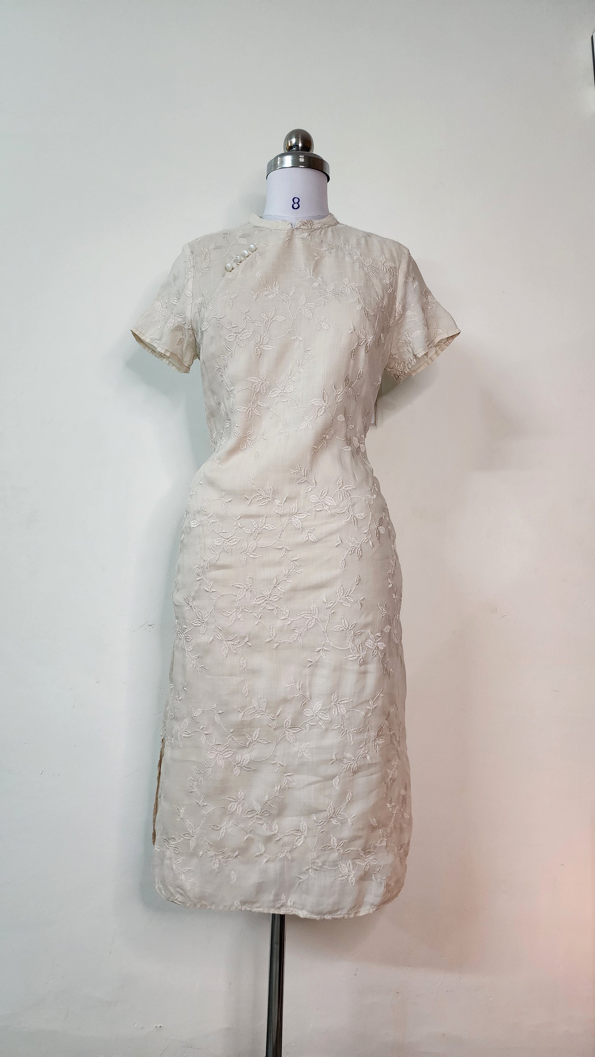 Elegant Cream Embroidered Cheongsam Dress - Short Sleeve Midi Qipao