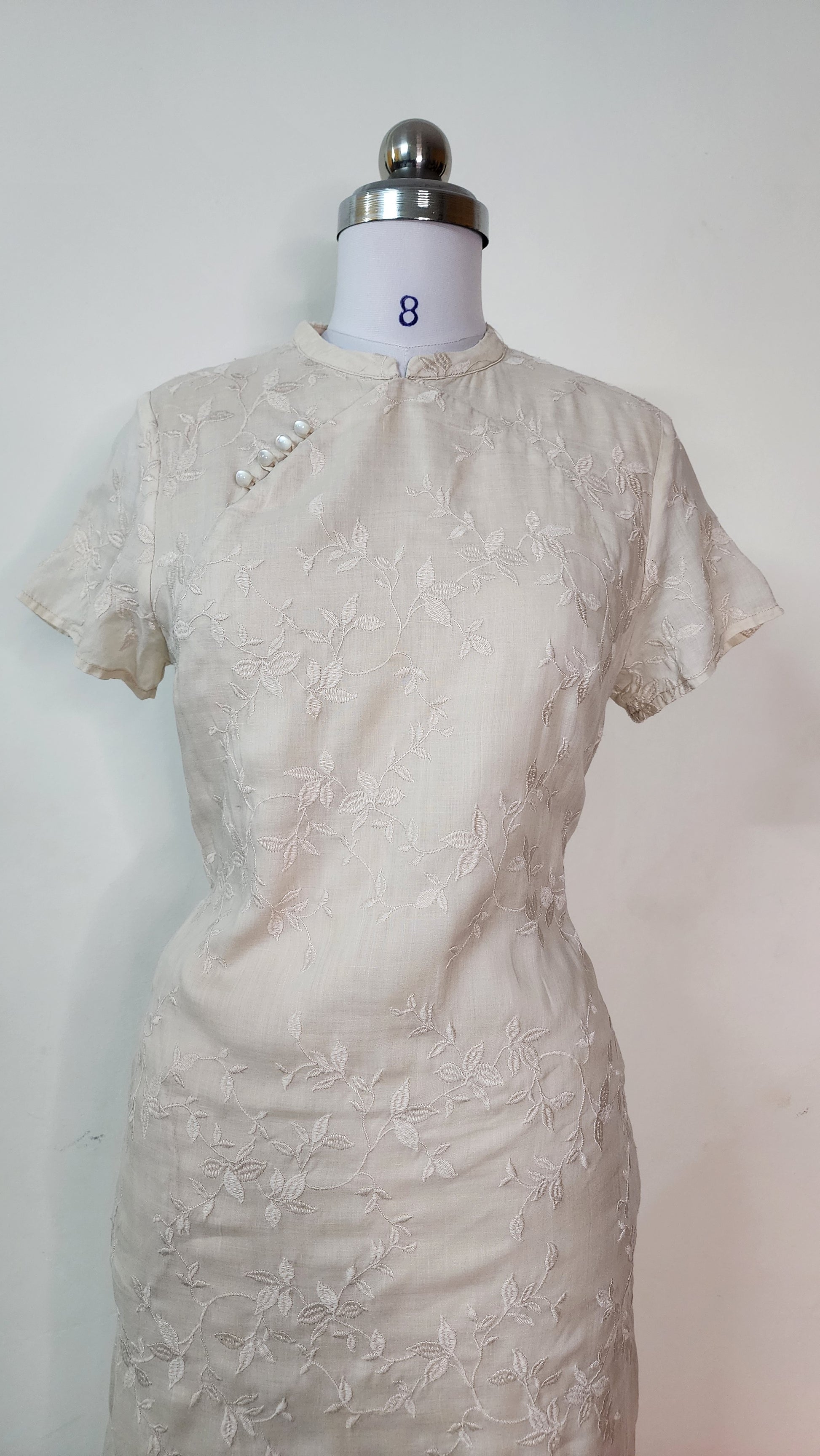 Elegant Cream Embroidered Cheongsam Dress - Short Sleeve Midi Qipao