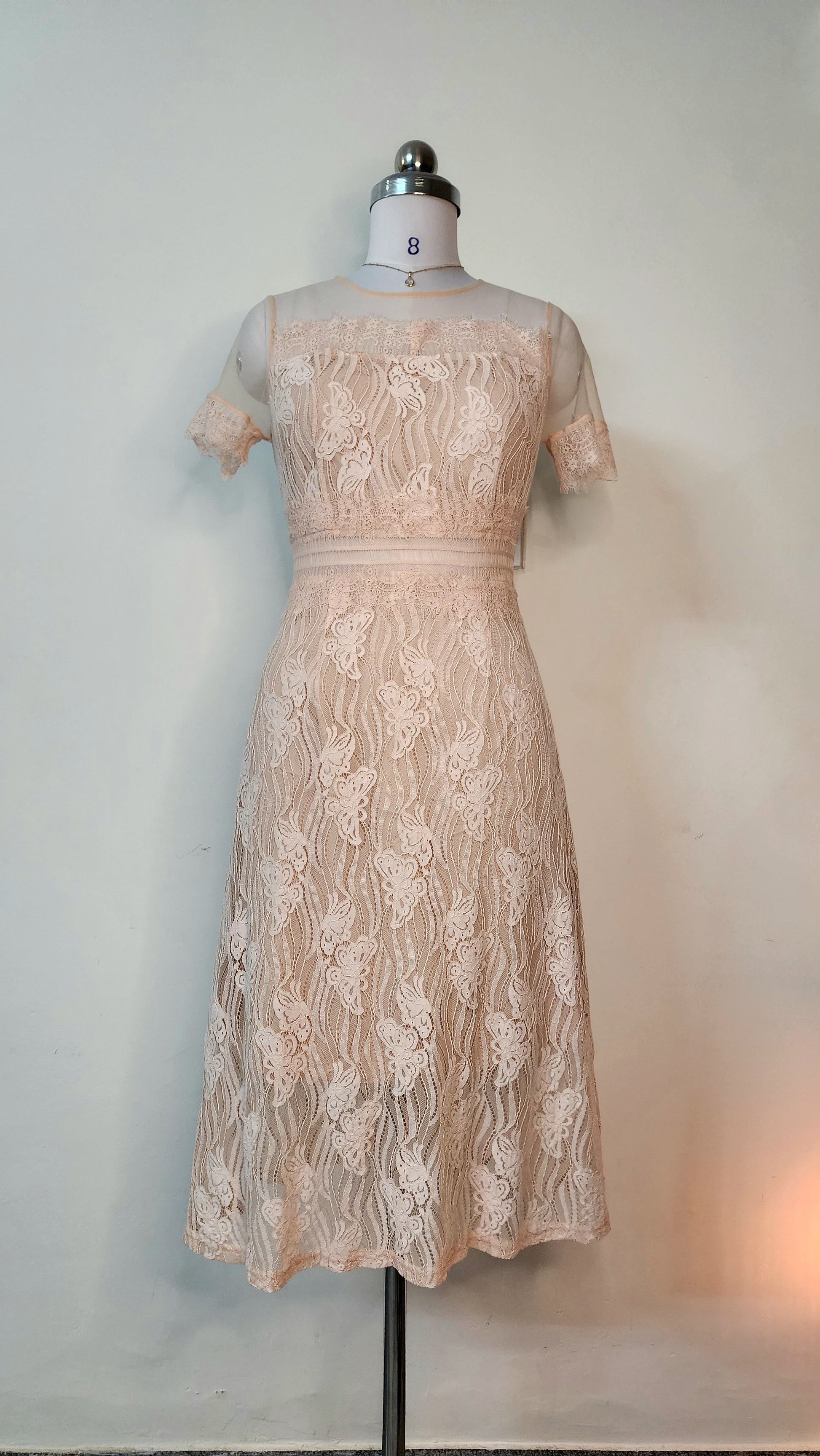 Elegant Peach Lace Midi Dress - Sheer Neck Short Sleeve Special Occasion Dress
