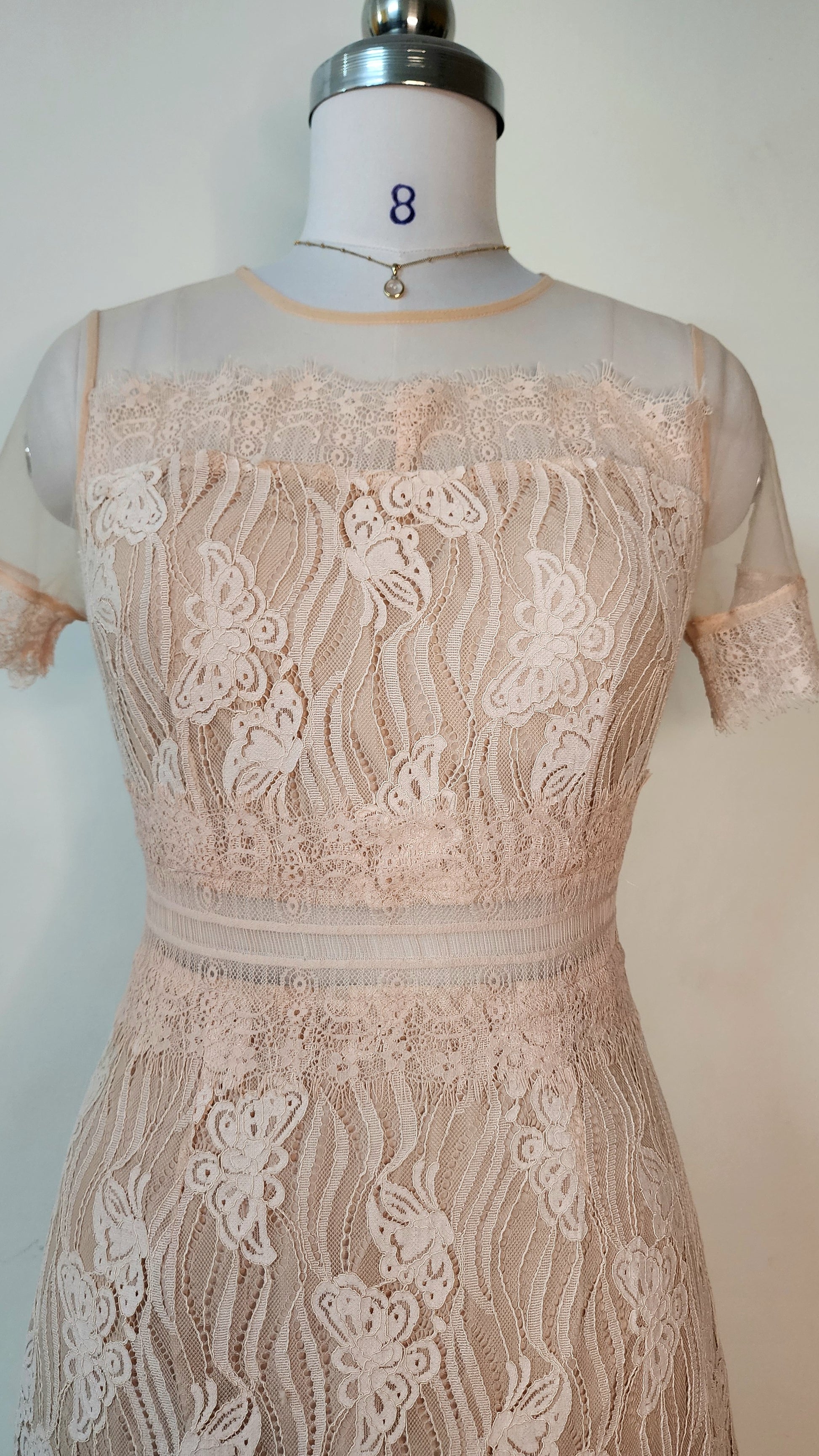 Elegant Peach Lace Midi Dress - Sheer Neck Short Sleeve Special Occasion Dress