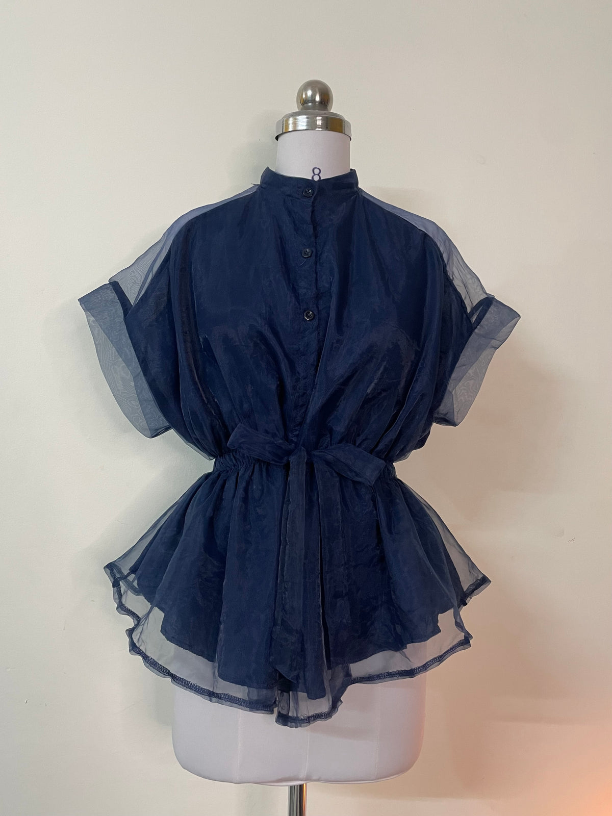 Elegant Sheer Navy Peplum Top - Short Sleeve Stand Collar Blouse with Tie Waist