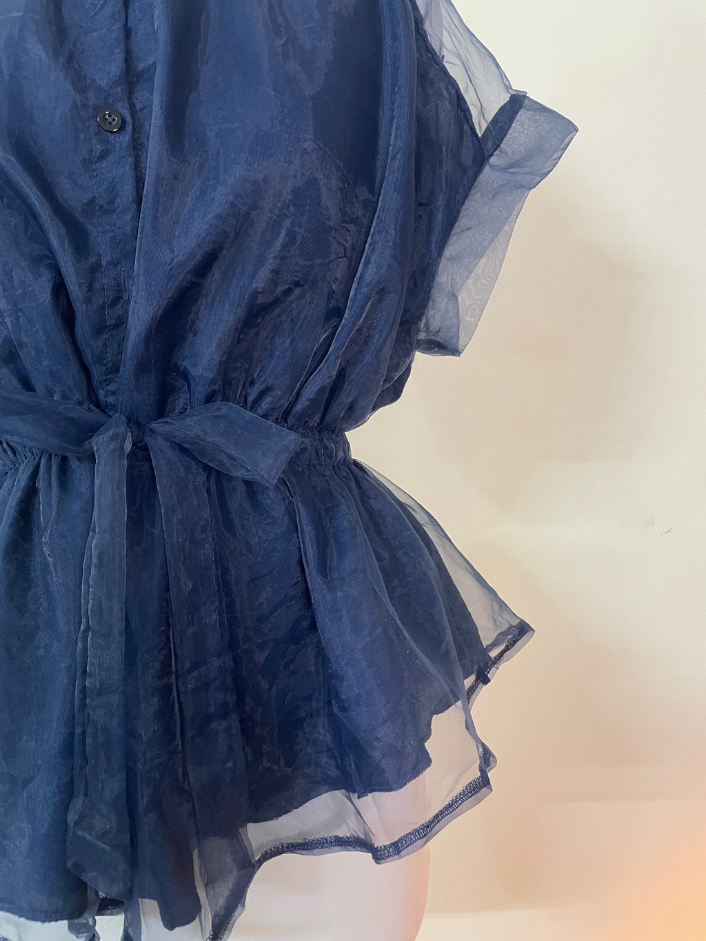 Elegant Sheer Navy Peplum Top - Short Sleeve Stand Collar Blouse with Tie Waist