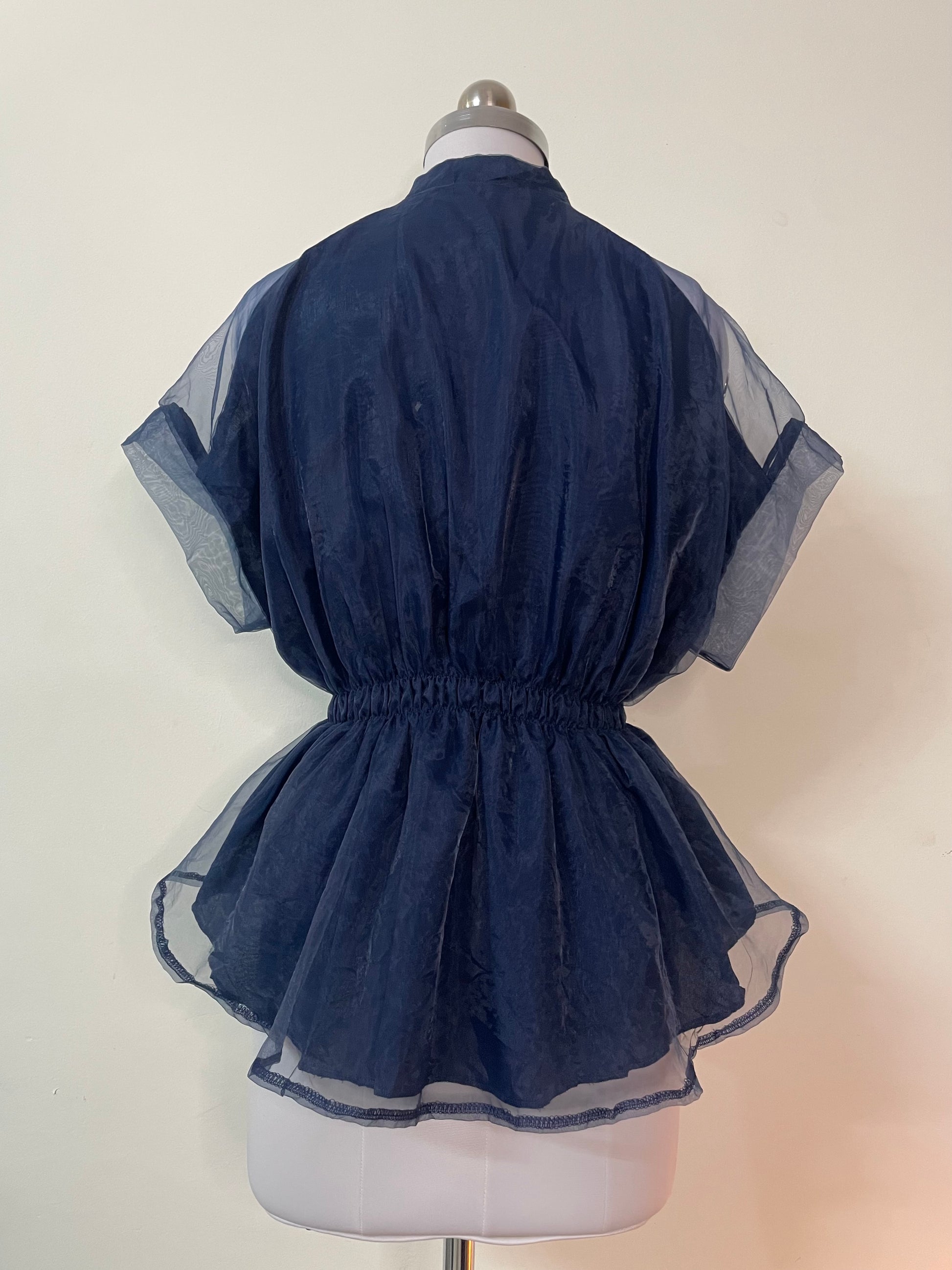 Elegant Sheer Navy Peplum Top - Short Sleeve Stand Collar Blouse with Tie Waist