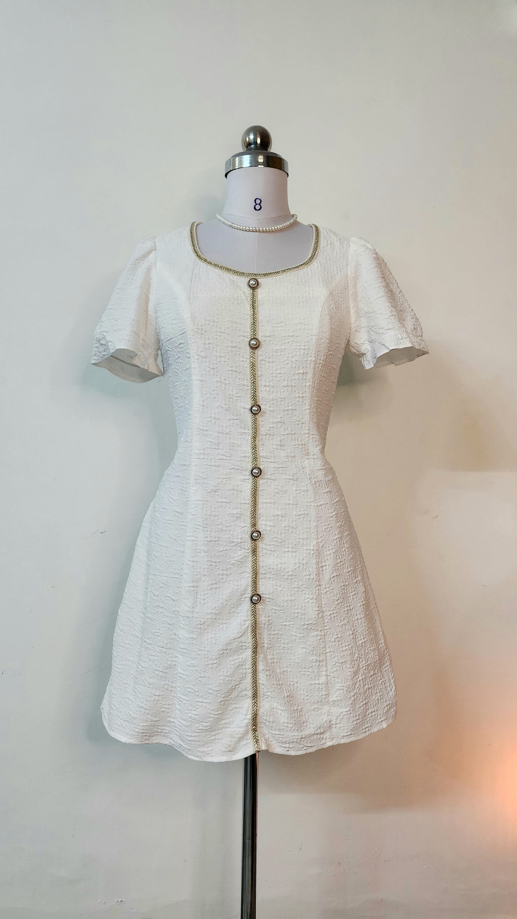 Elegant White Mini Dress - Square Neck with Gold Trim & Pearl Buttons