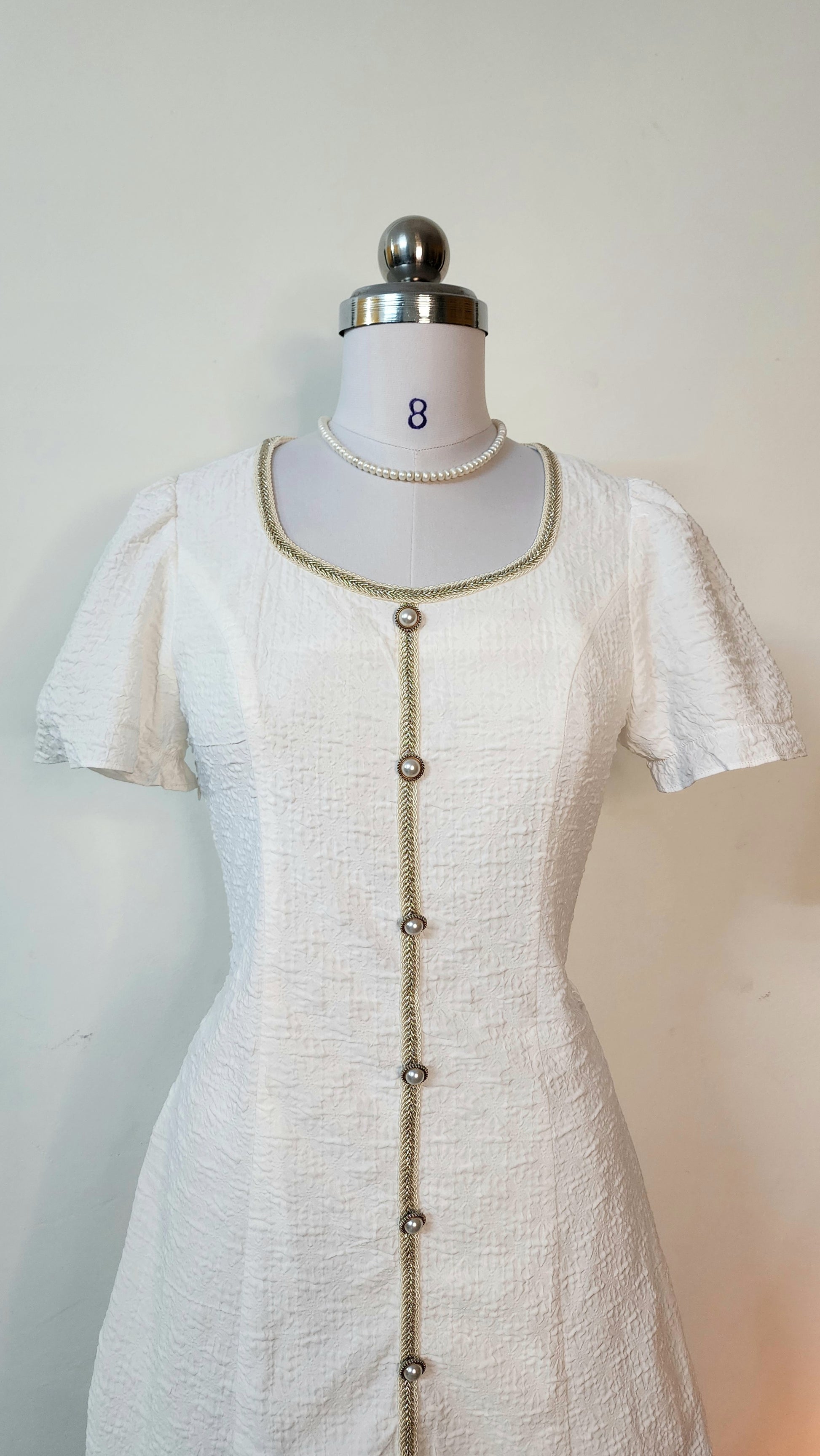 Elegant White Mini Dress - Square Neck with Gold Trim & Pearl Buttons