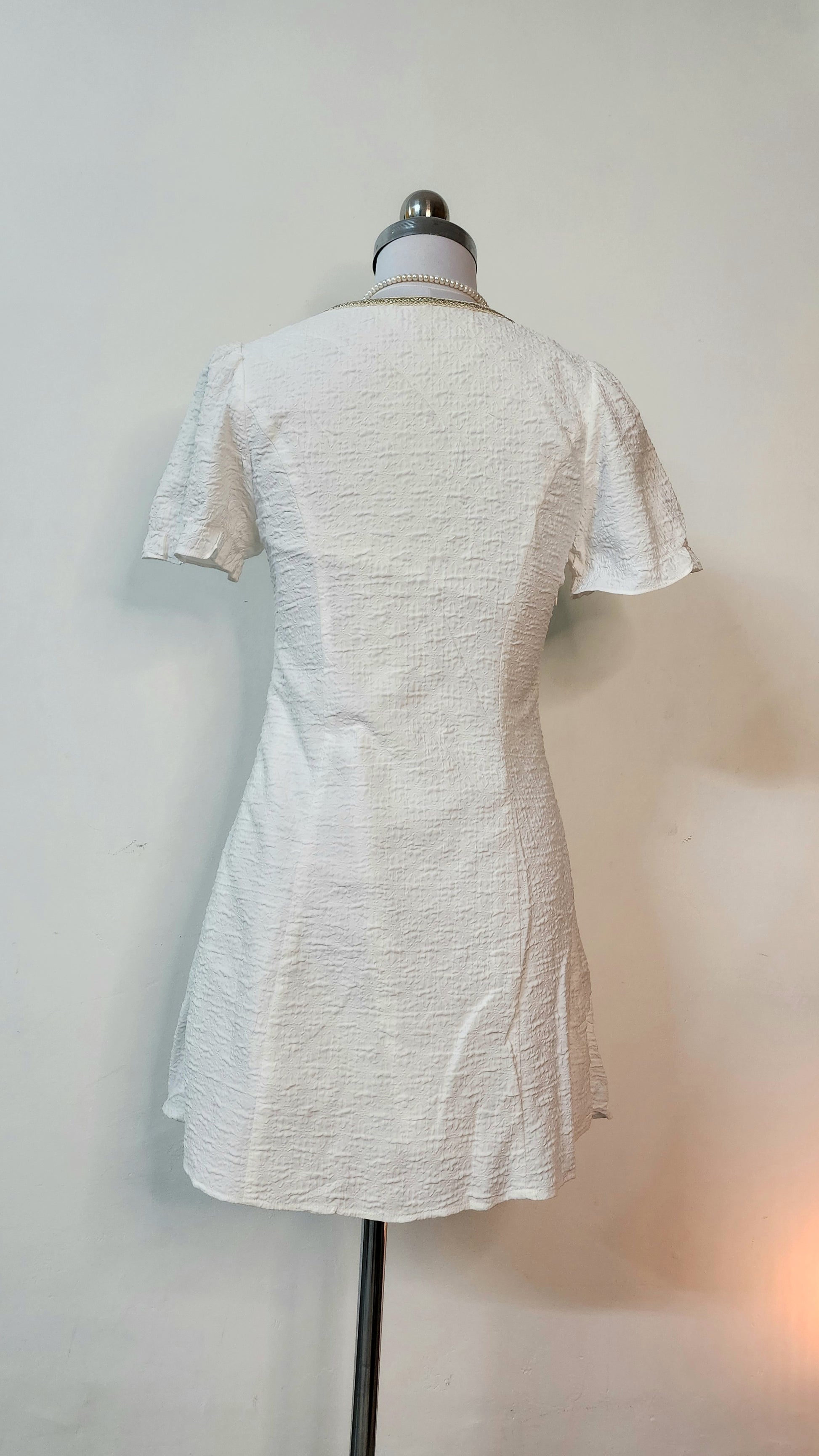 Elegant White Mini Dress - Square Neck with Gold Trim & Pearl Buttons