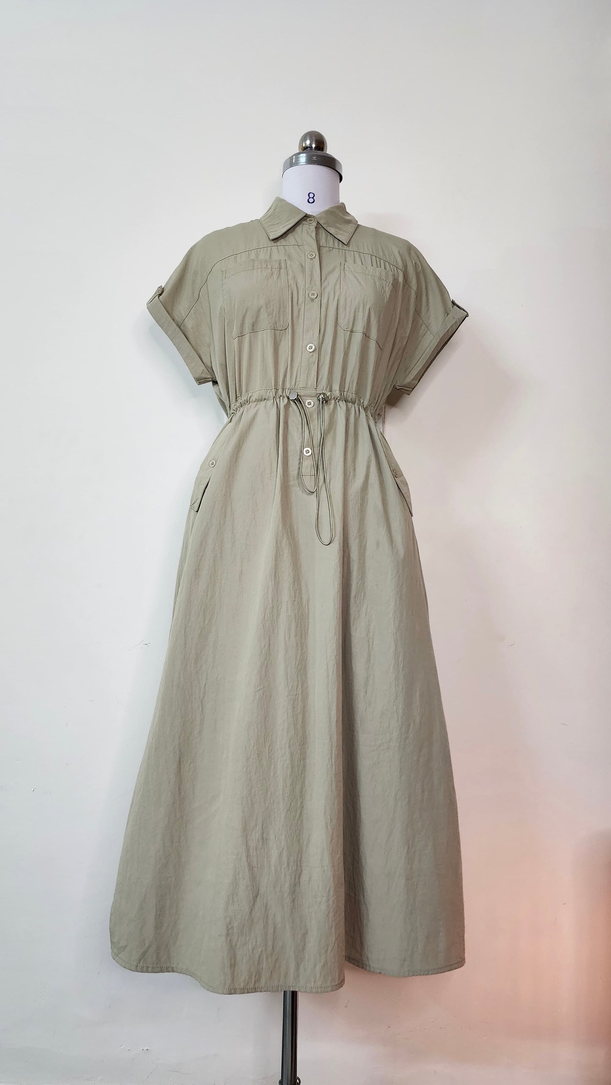 Sage Green Linen Utility Midi Shirt Dress with Drawstring Waist