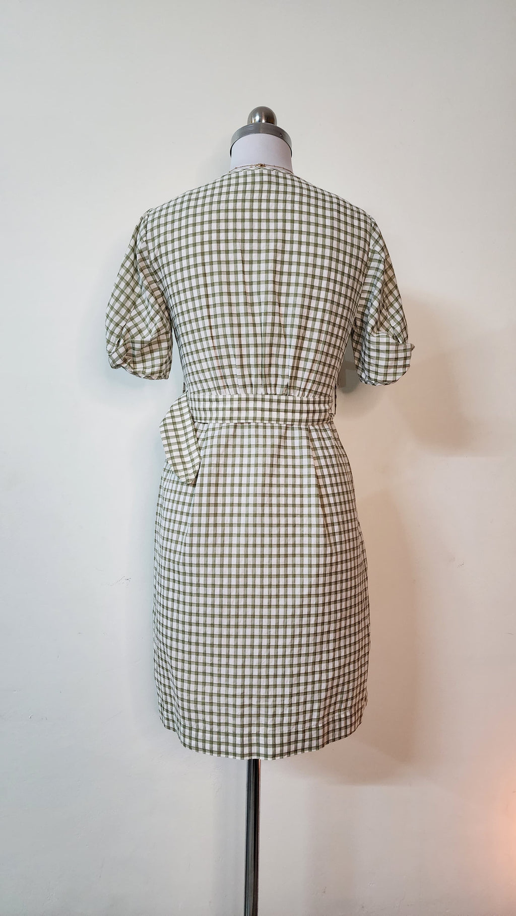 Sage Green Gingham Button-Front Midi Dress