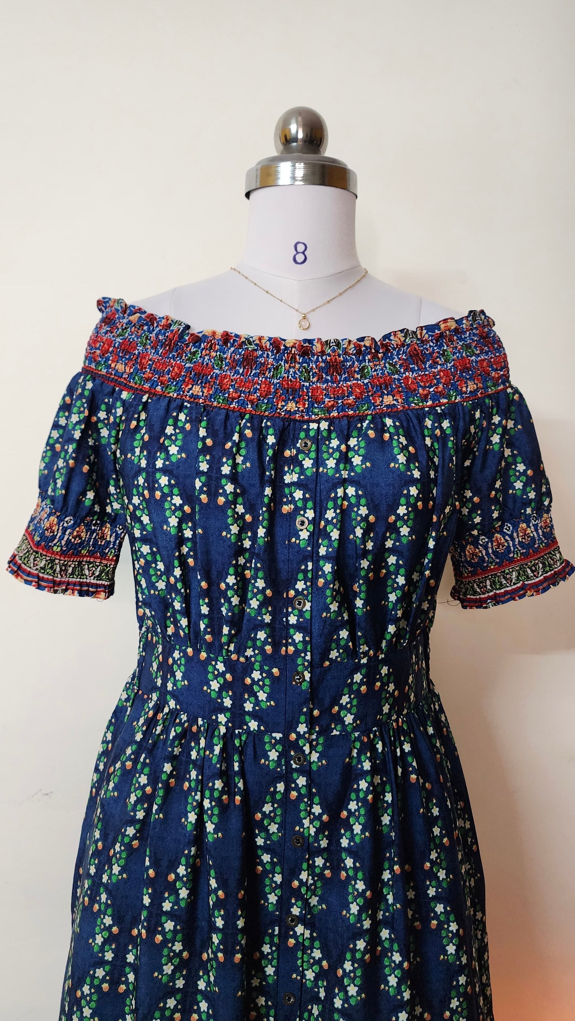 Navy Floral Off-Shoulder Midi Dress with Smocked Bodice and Border Print