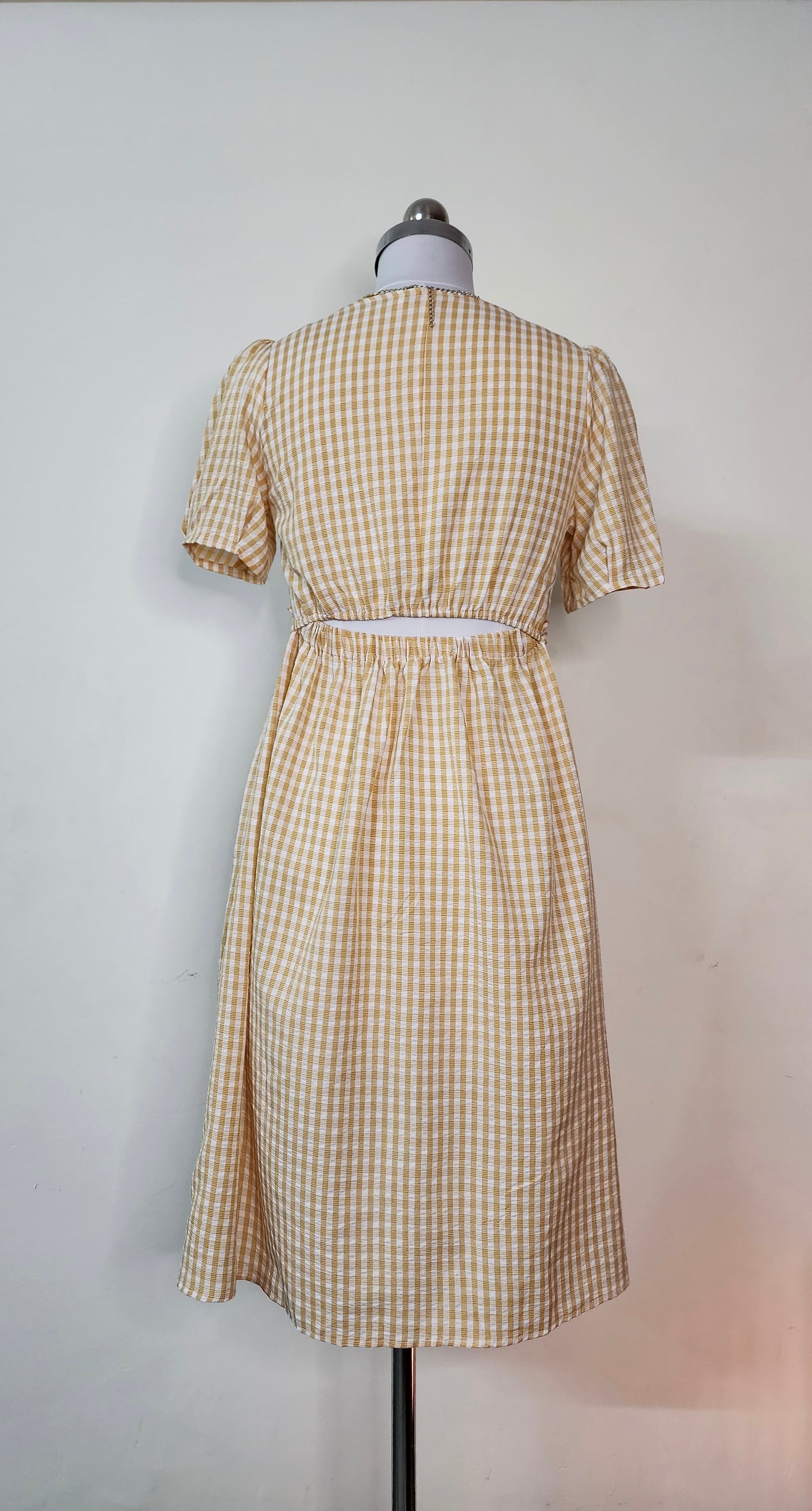 Tan Gingham Midi Dress with Puff Sleeves and Tie Belt