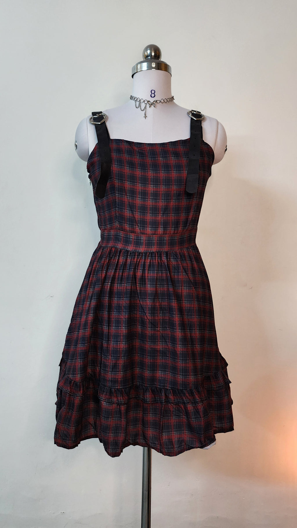 Gothic Plaid Mini Dress - Red and Black Buckle Strap Dress