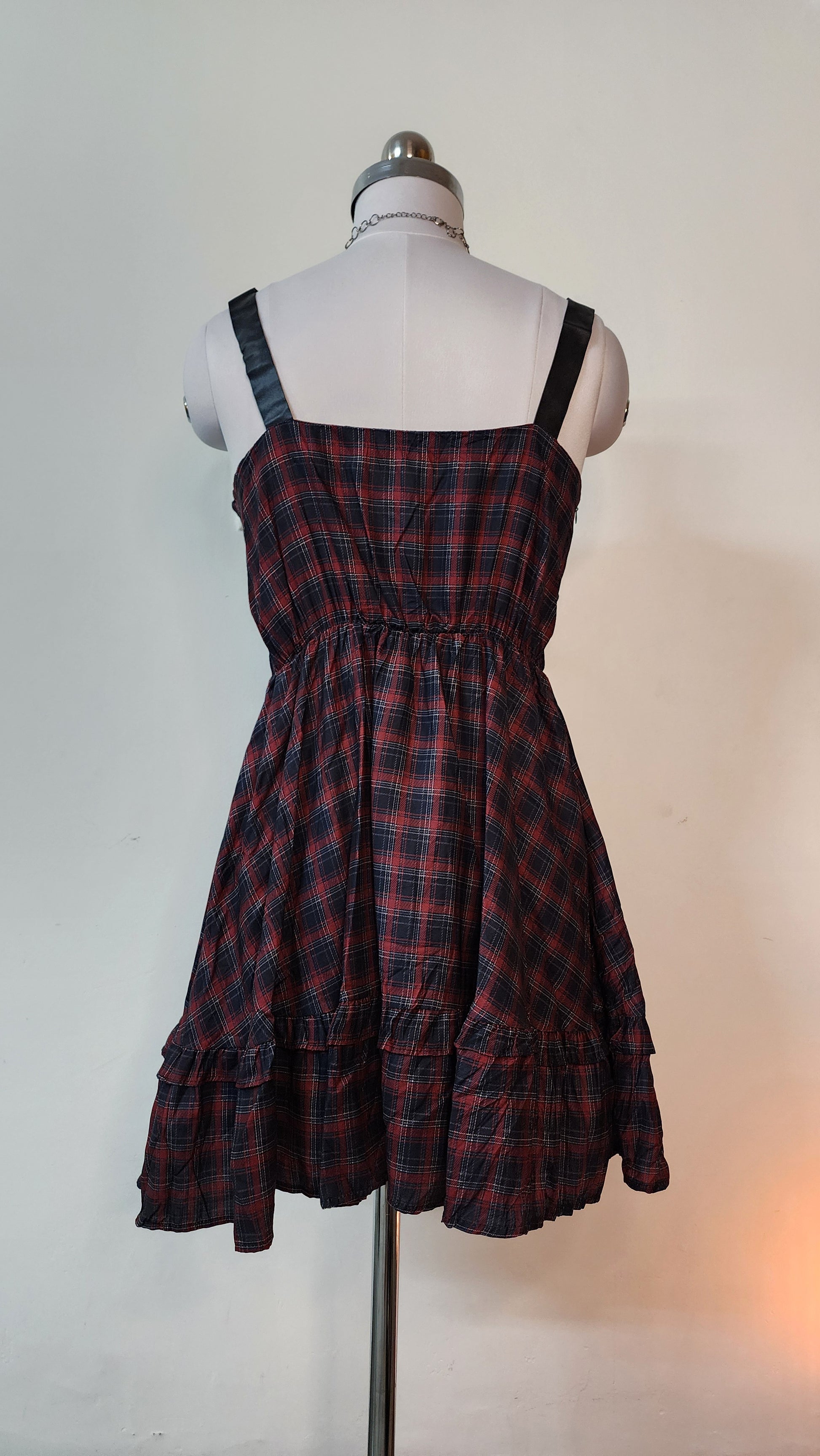 Gothic Plaid Mini Dress - Red and Black Buckle Strap Dress