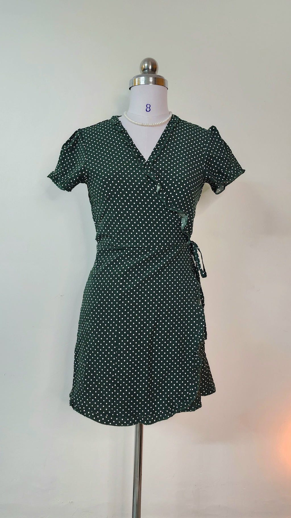 Green Polka Dot Wrap Mini Dress - Short Sleeve V-Neck