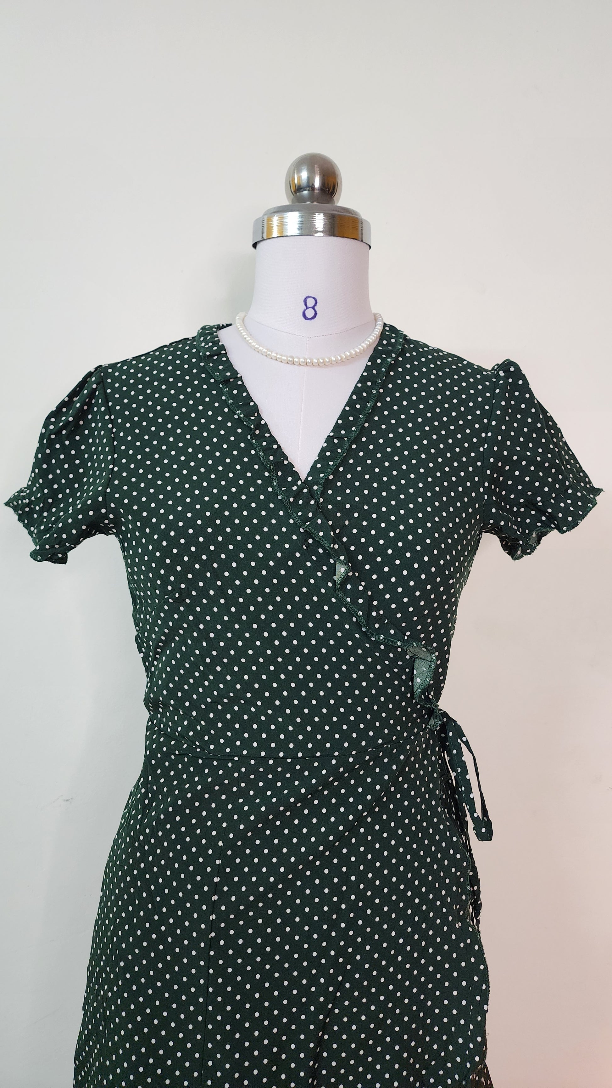 Green Polka Dot Wrap Mini Dress - Short Sleeve V-Neck