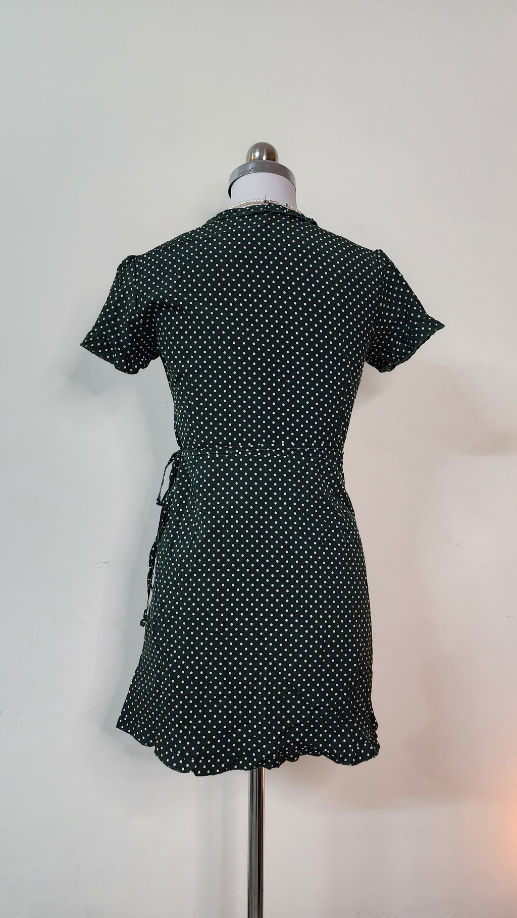Green Polka Dot Wrap Mini Dress - Short Sleeve V-Neck