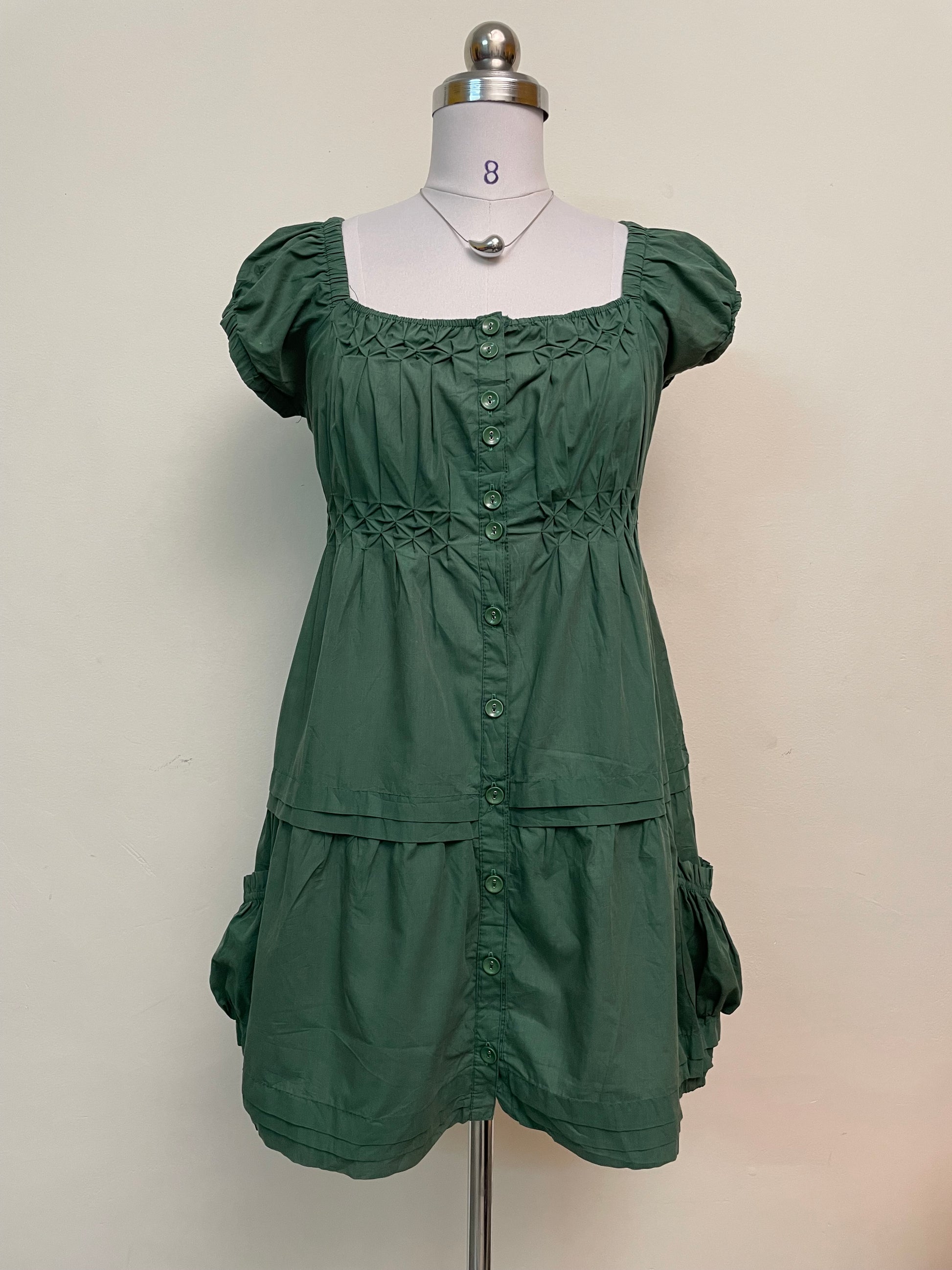 Green Puff Sleeve Mini Dress - Square Neck Button Front