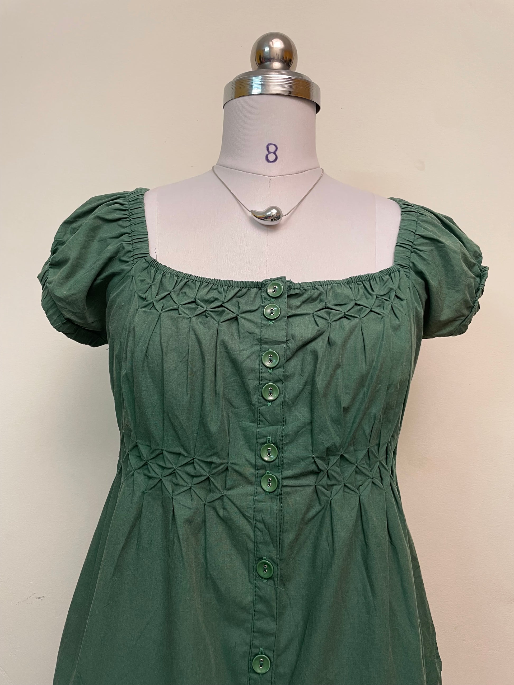 Green Puff Sleeve Mini Dress - Square Neck Button Front