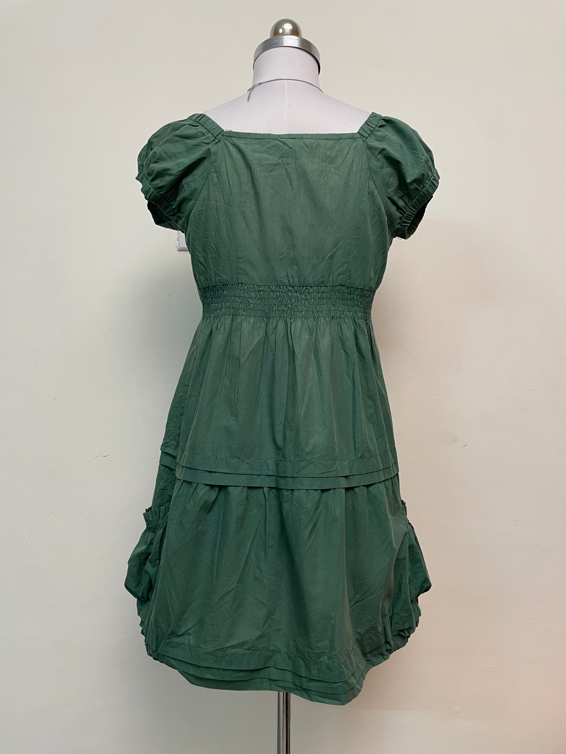 Green Puff Sleeve Mini Dress - Square Neck Button Front
