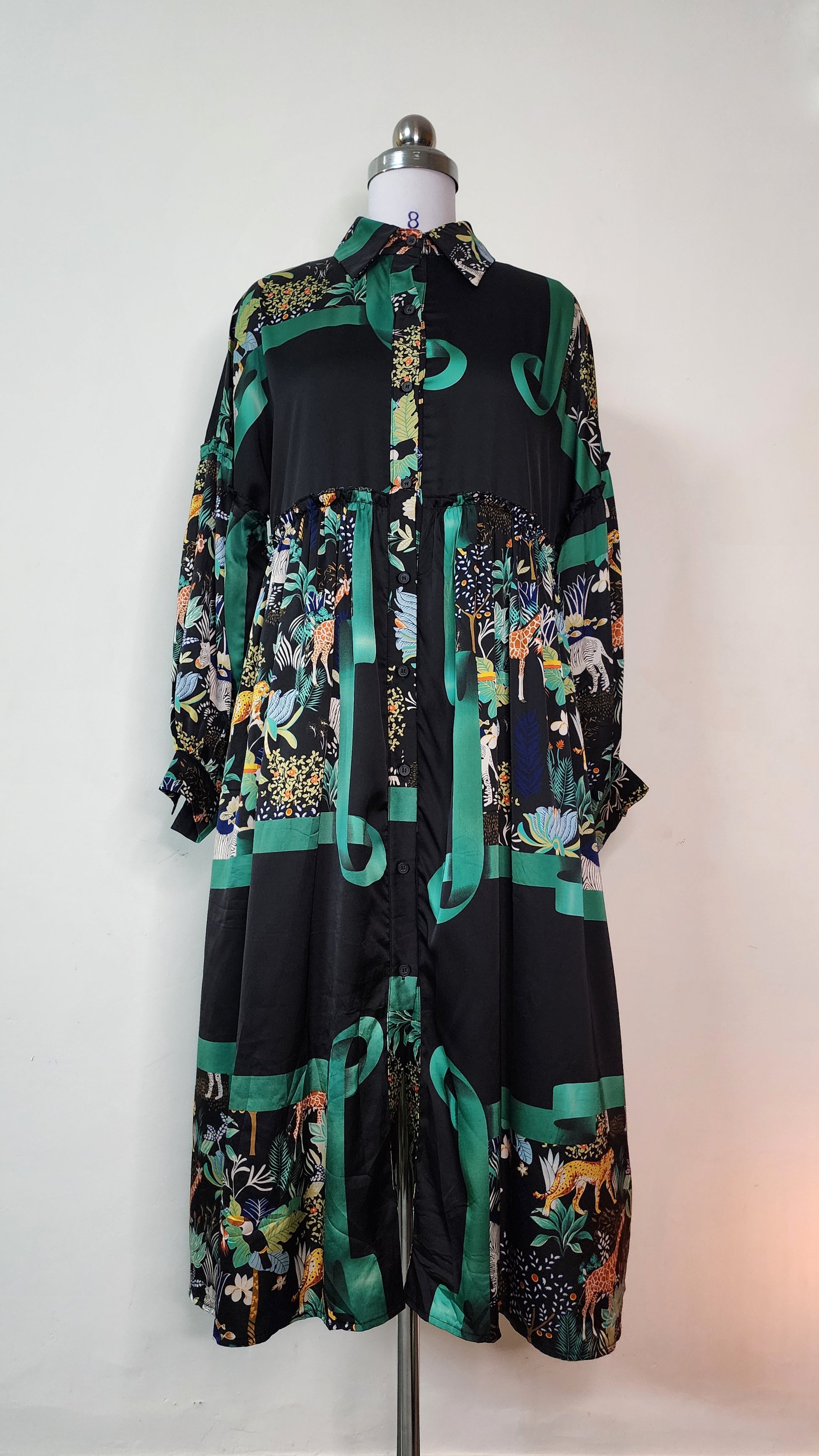 Jungle Print Long Sleeve Midi Shirt Dress with Green Ribbon Detail