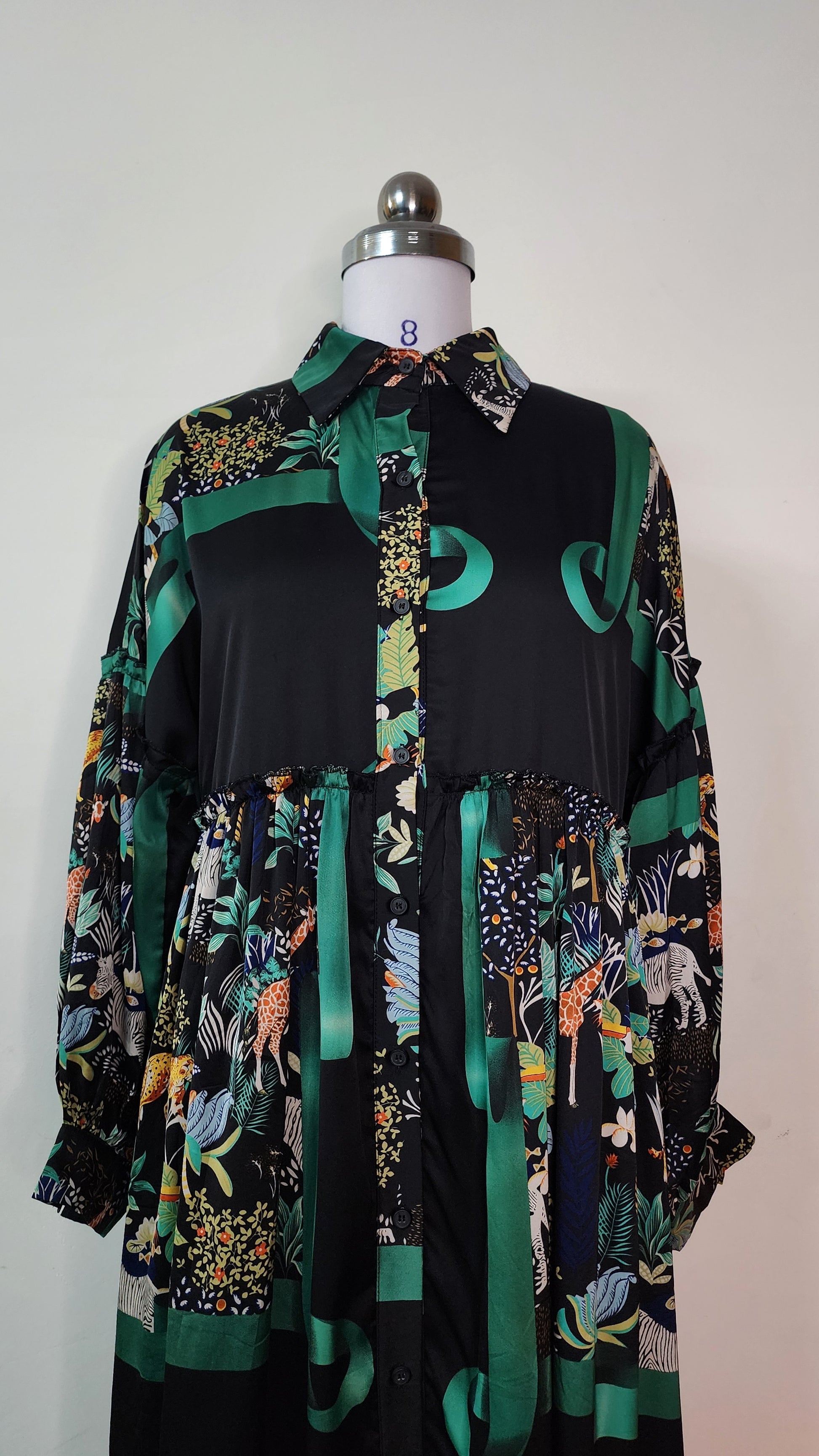 Jungle Print Long Sleeve Midi Shirt Dress with Green Ribbon Detail