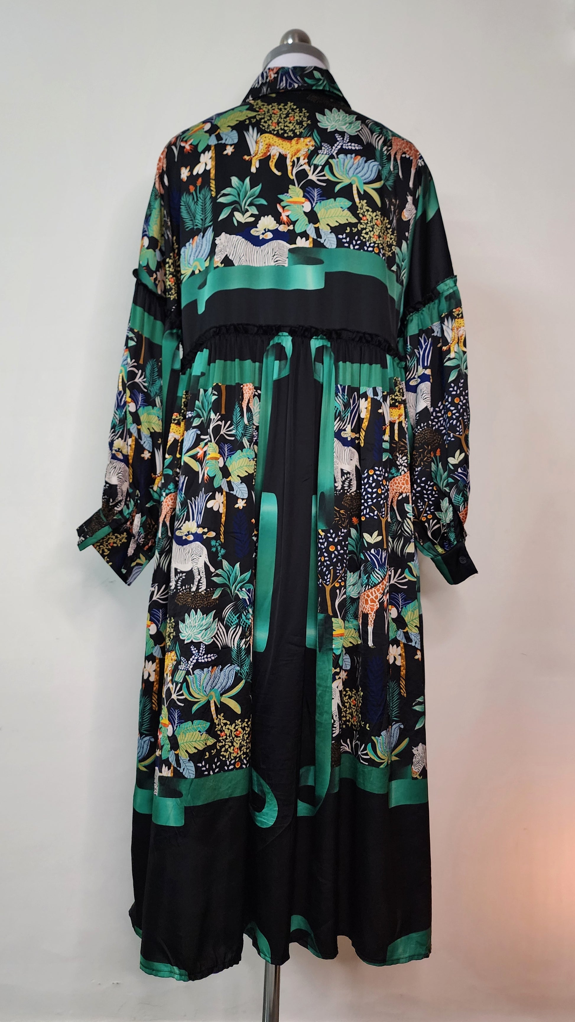 Jungle Print Long Sleeve Midi Shirt Dress with Green Ribbon Detail