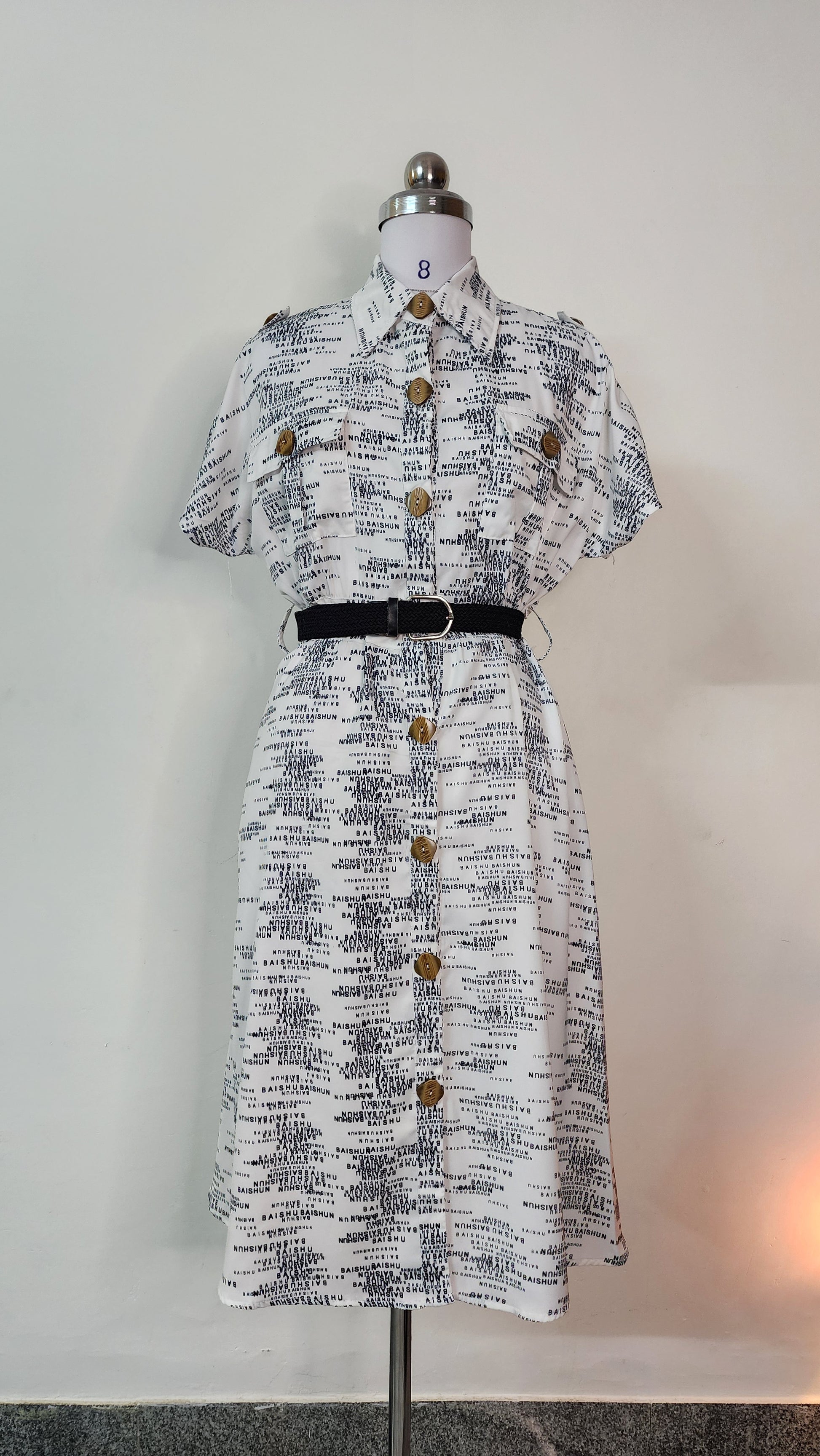 Monochrome Text Print Button-Front Midi Dress