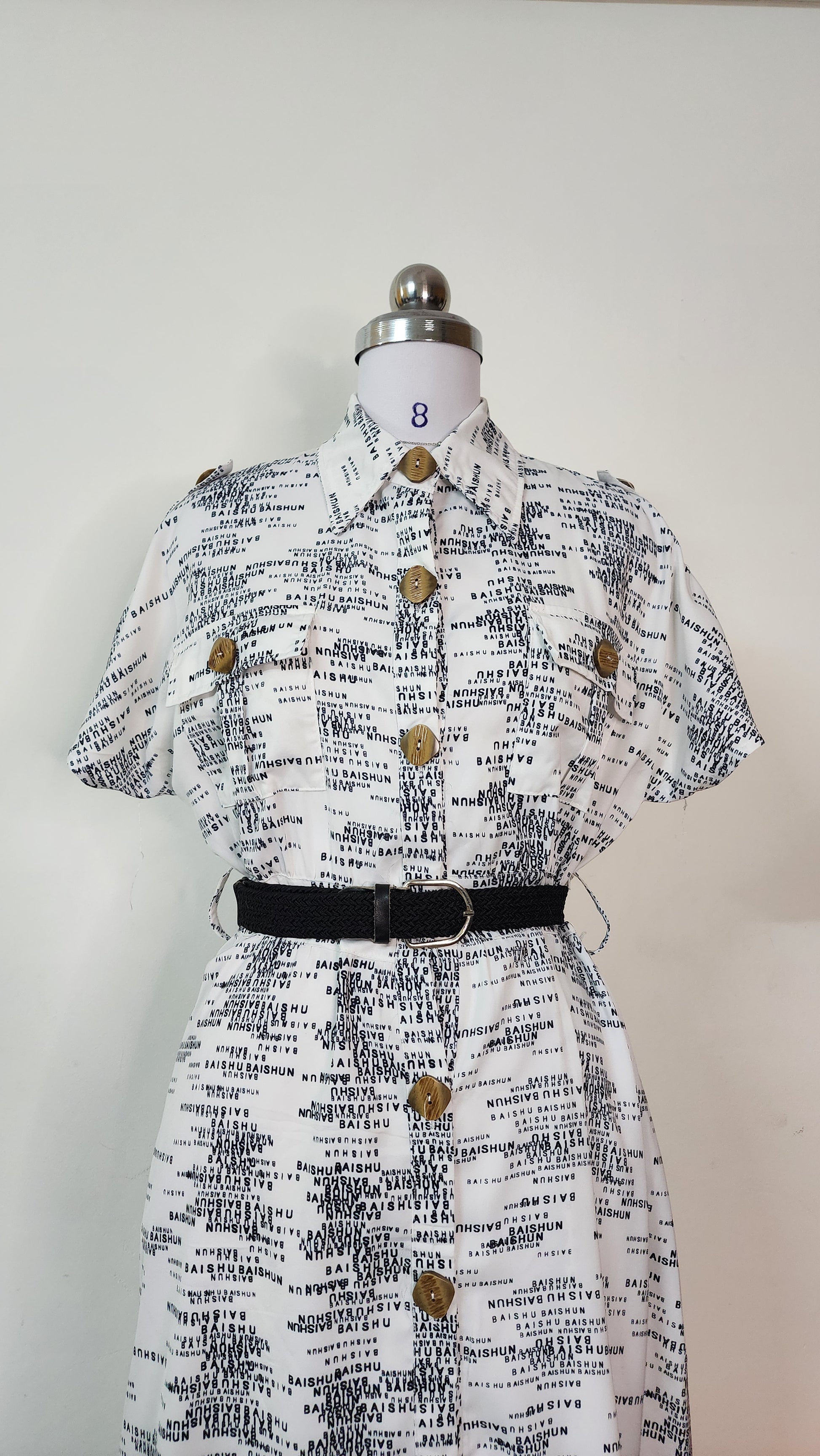 Monochrome Text Print Button-Front Midi Dress