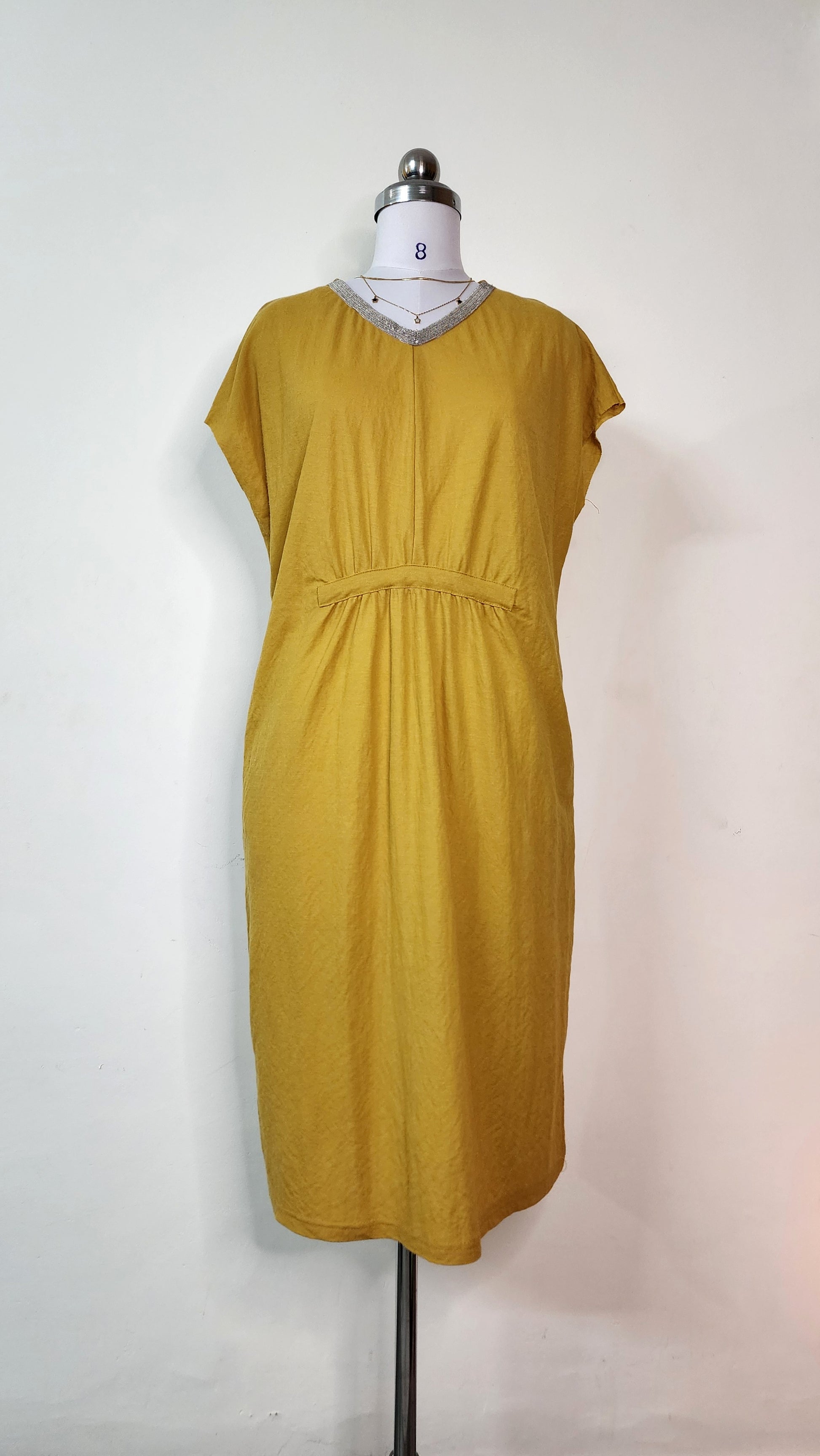 Mustard Yellow Relaxed Fit Midi Dress with V-Neck