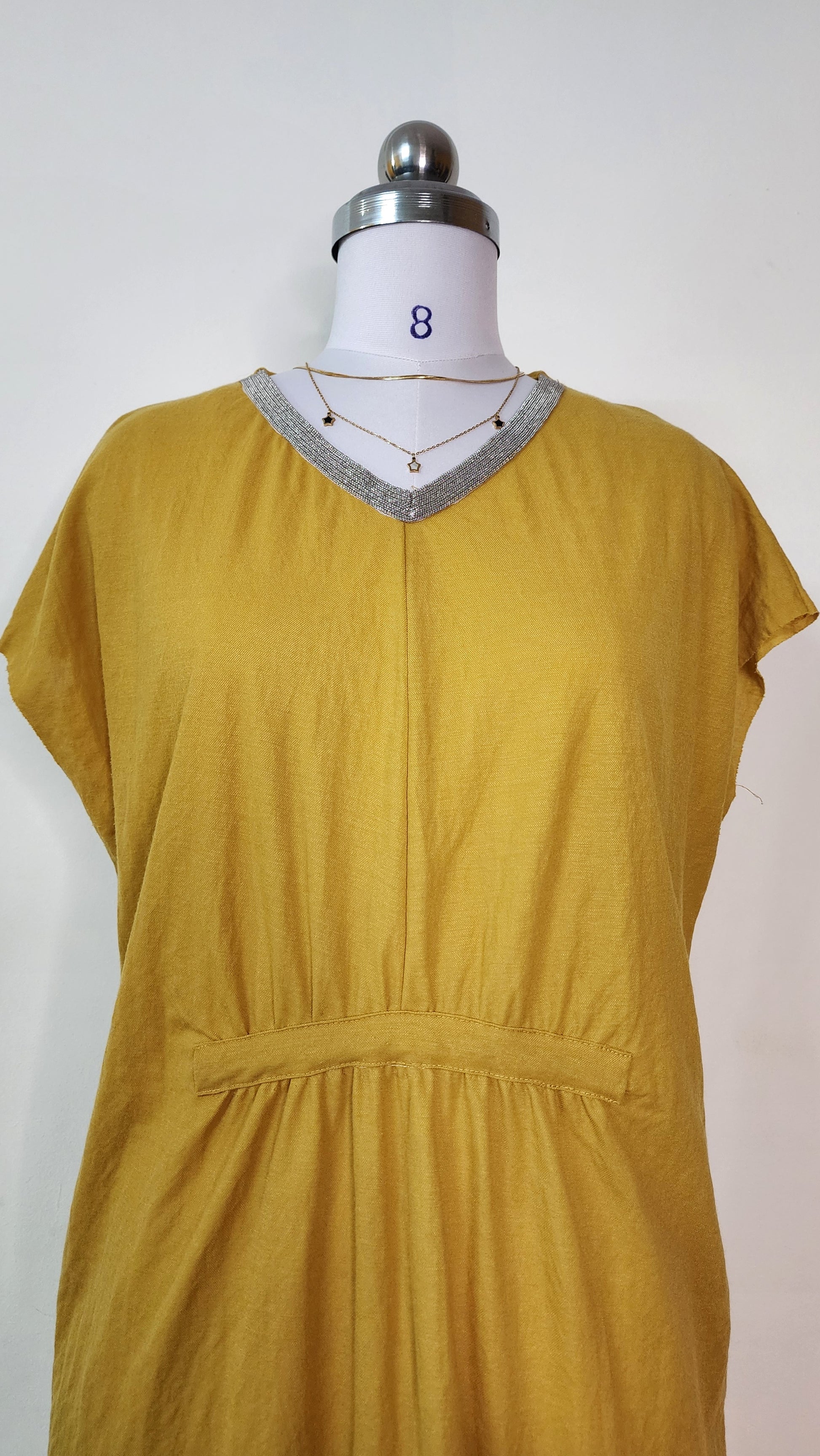 Mustard Yellow Relaxed Fit Midi Dress with V-Neck