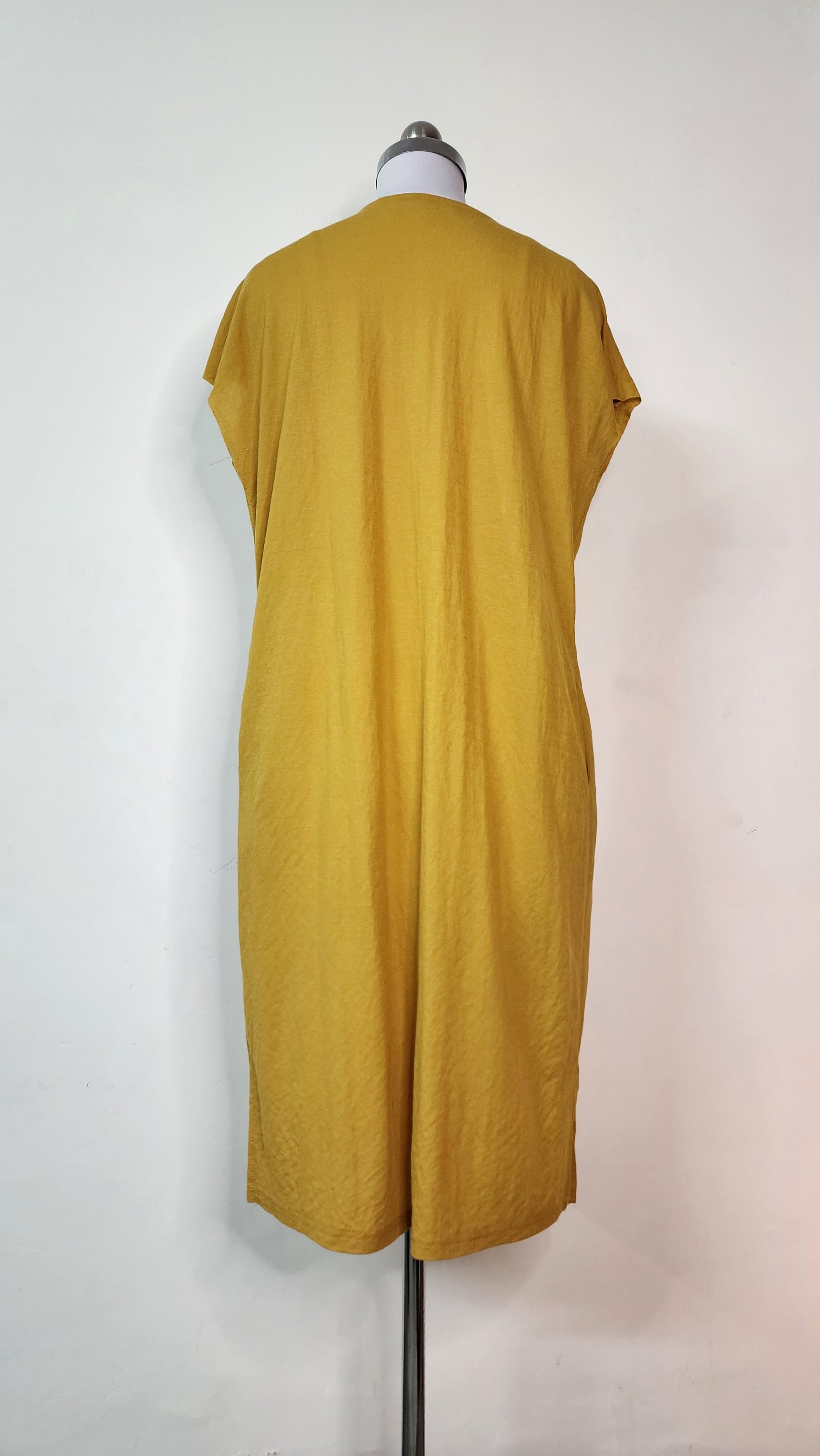 Mustard Yellow Relaxed Fit Midi Dress with V-Neck