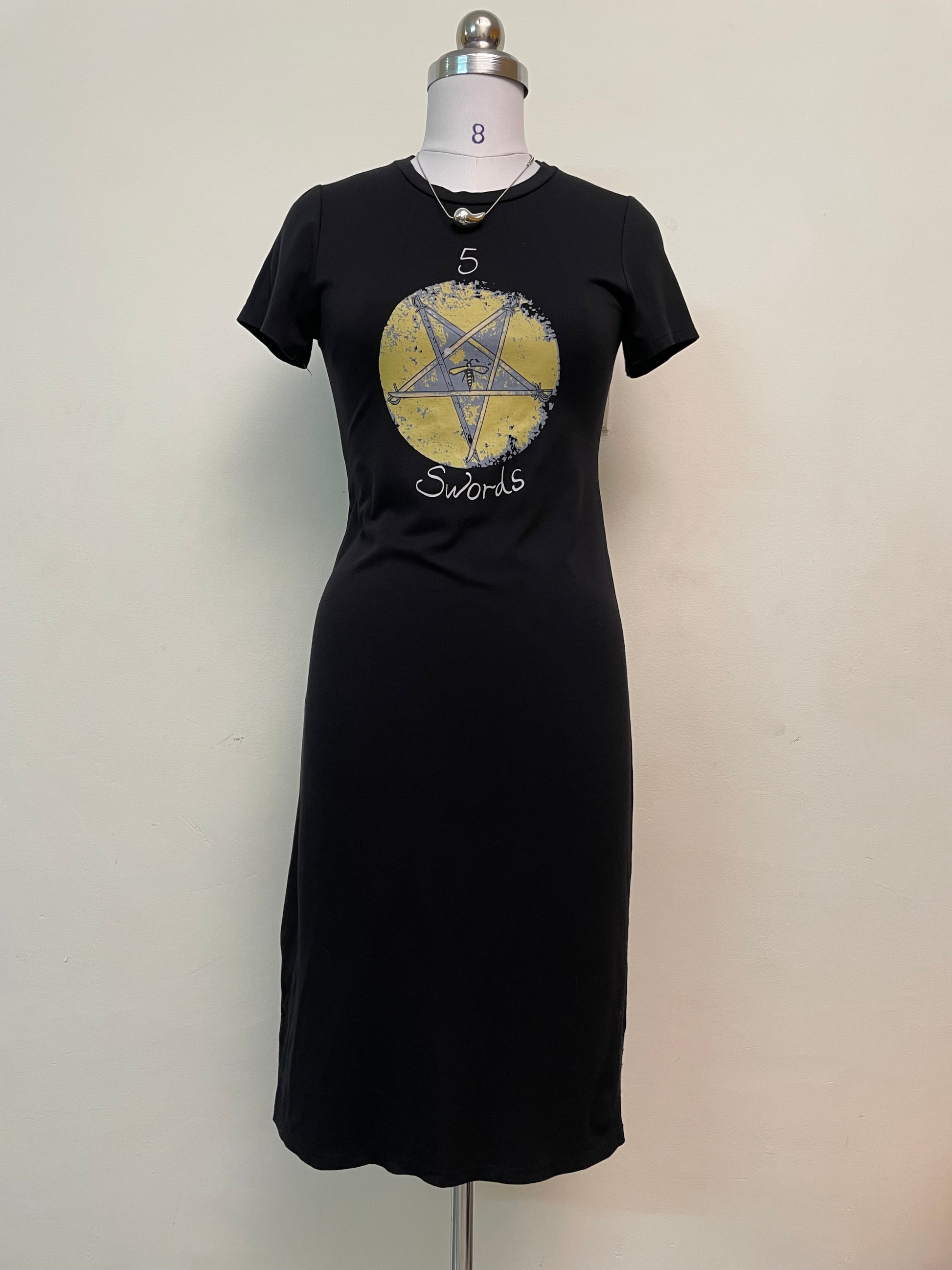 Mystic Tarot Graphic Black T-Shirt Midi Dress - '5 Swords' Print