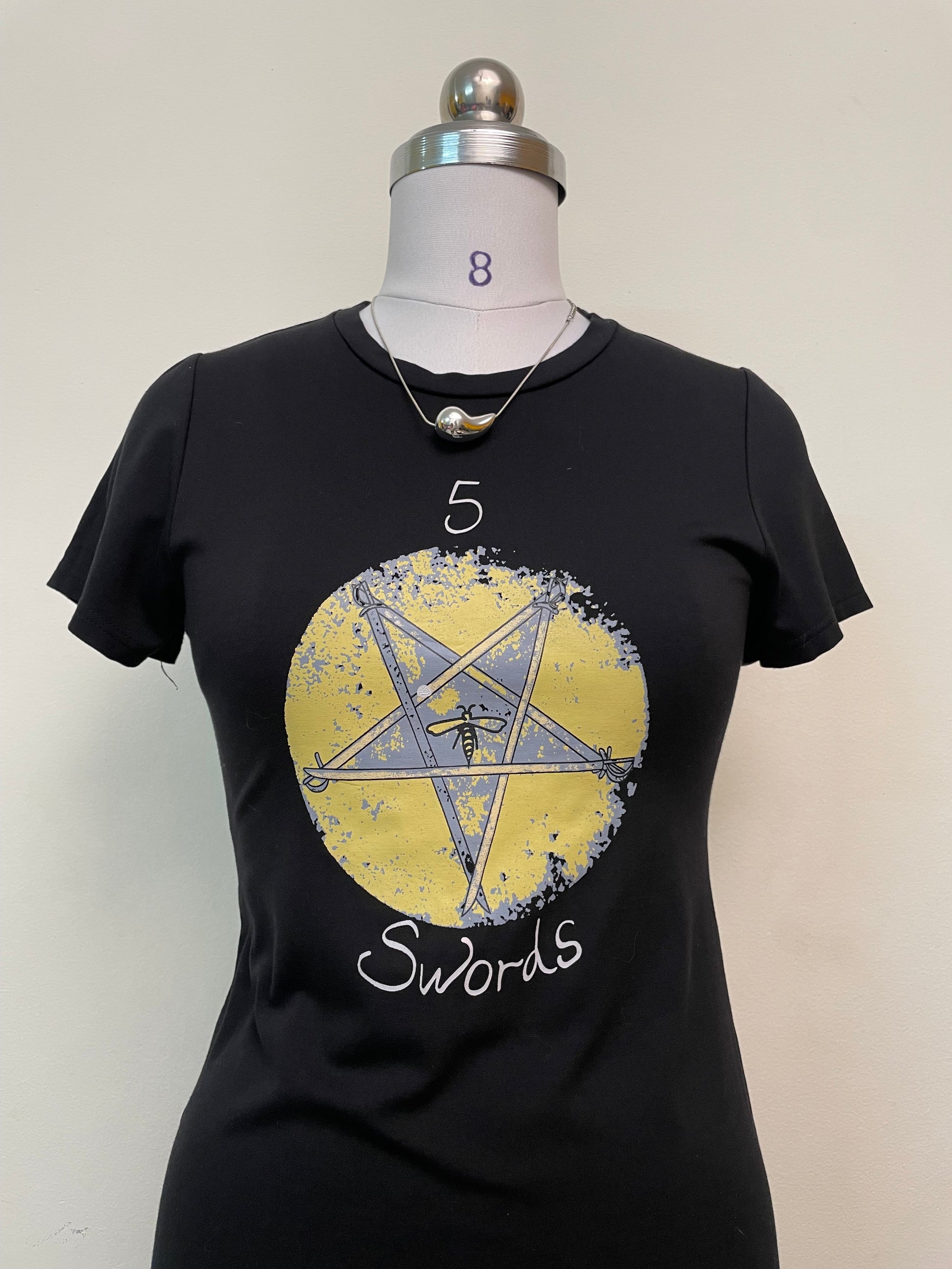 Mystic Tarot Graphic Black T-Shirt Midi Dress - '5 Swords' Print