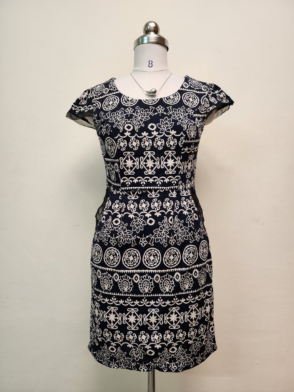 Navy Blue and White Patterned Mini Dress - Short Sleeve Scoop Neck Dress