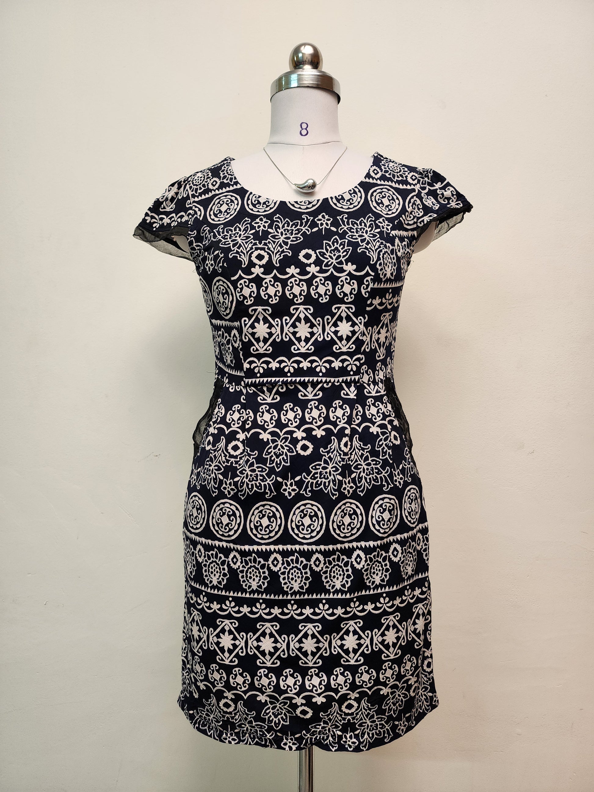 Navy Blue and White Patterned Mini Dress - Short Sleeve Scoop Neck Dress