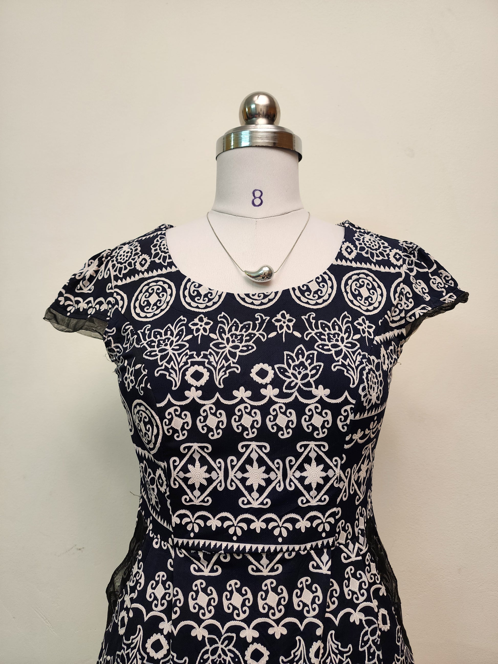Navy Blue and White Patterned Mini Dress - Short Sleeve Scoop Neck Dress