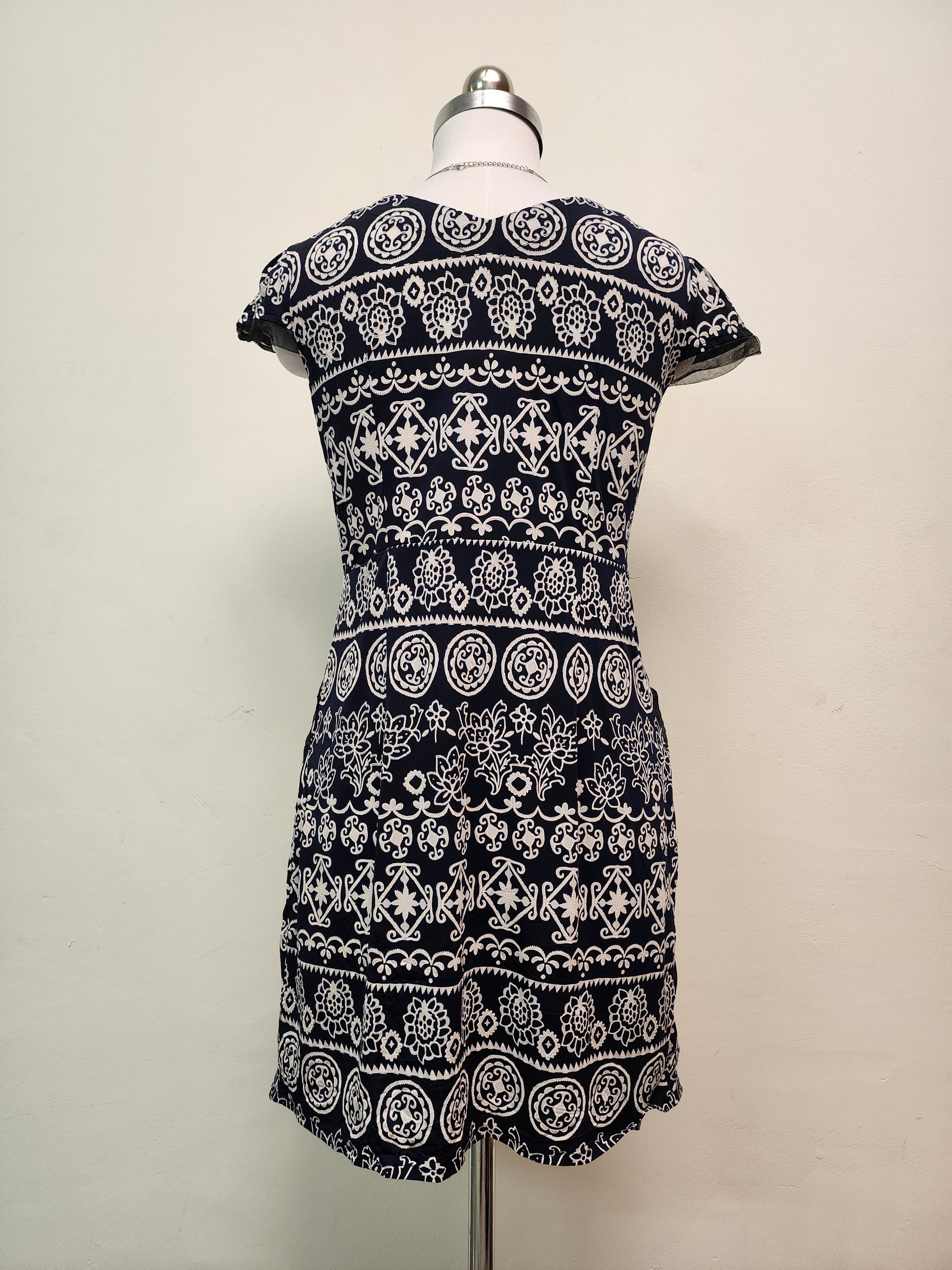 Navy Blue and White Patterned Mini Dress - Short Sleeve Scoop Neck Dress