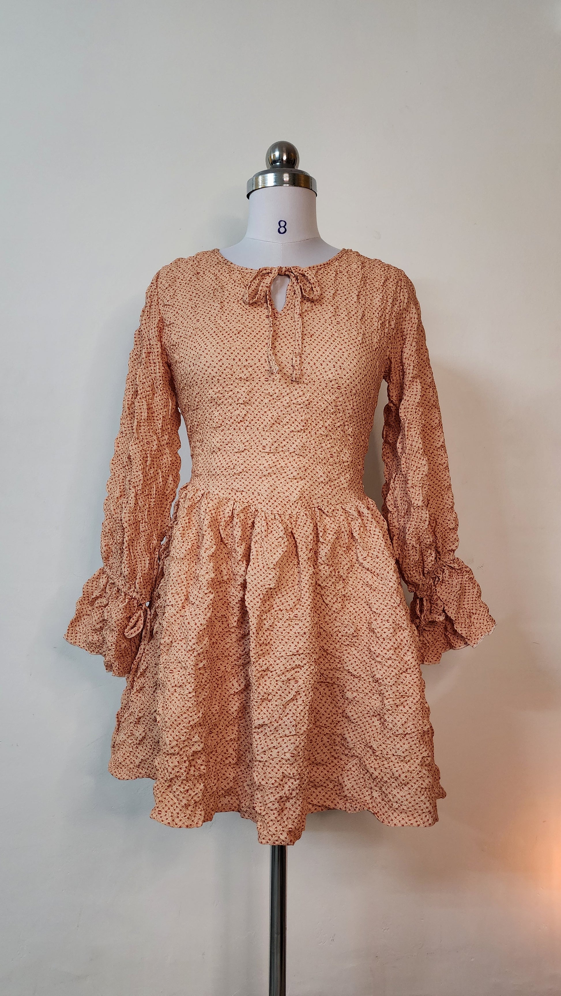 Peach Textured Mini Dress - Long Sleeve Ruffle Tie-Neck Dress