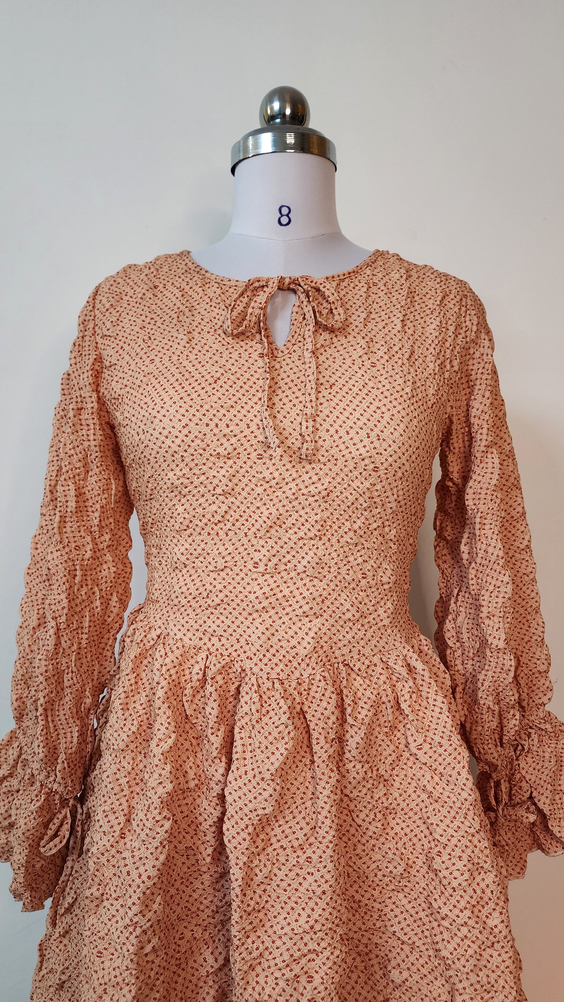 Peach Textured Mini Dress - Long Sleeve Ruffle Tie-Neck Dress