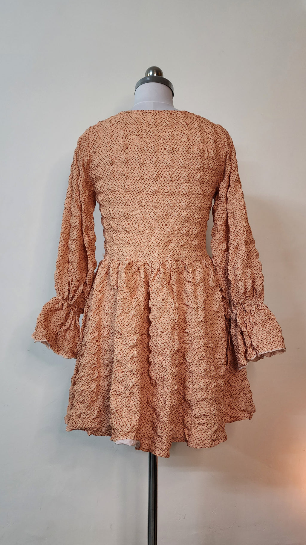 Peach Textured Mini Dress - Long Sleeve Ruffle Tie-Neck Dress
