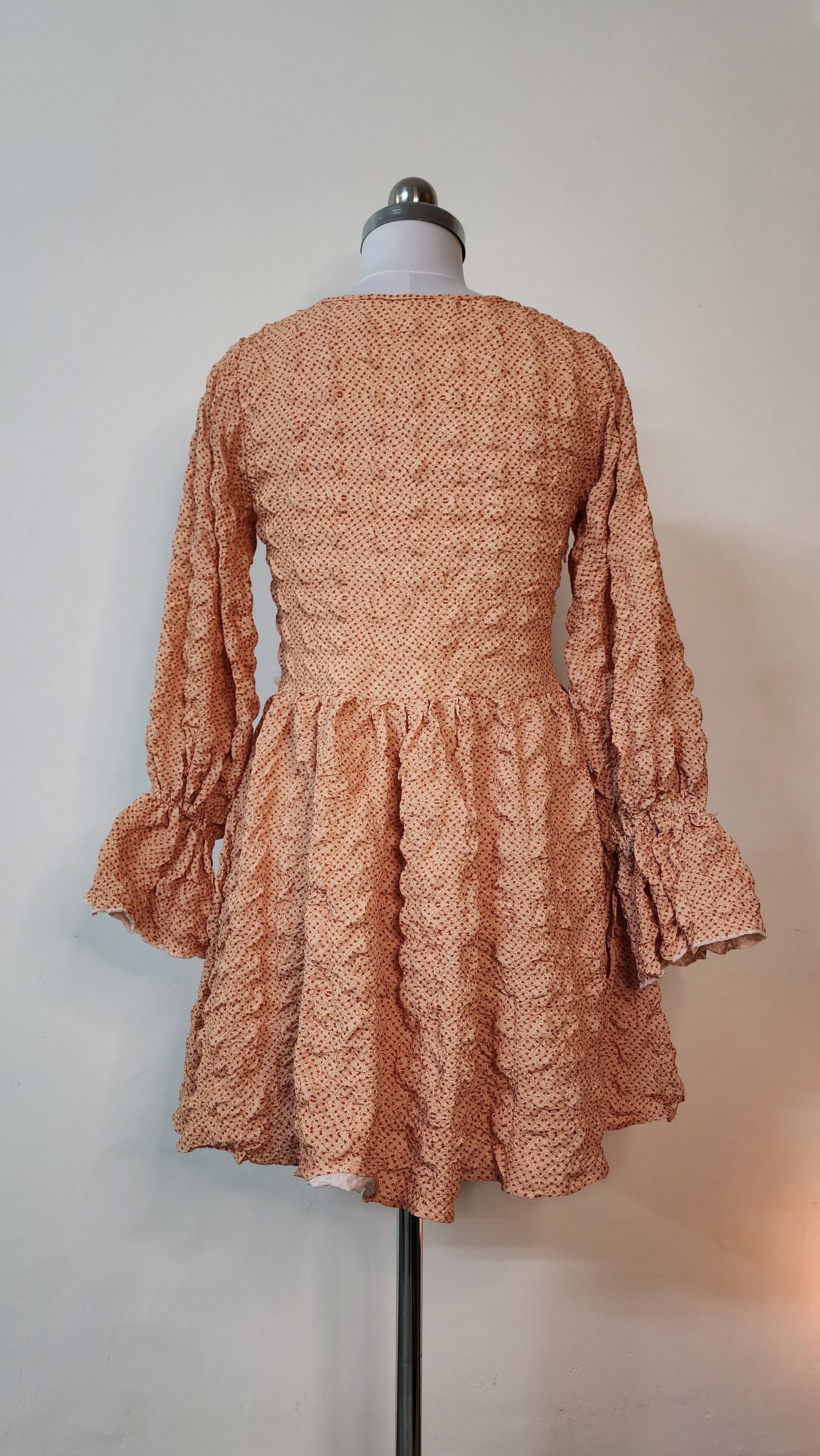 Peach Textured Mini Dress - Long Sleeve Ruffle Tie-Neck Dress