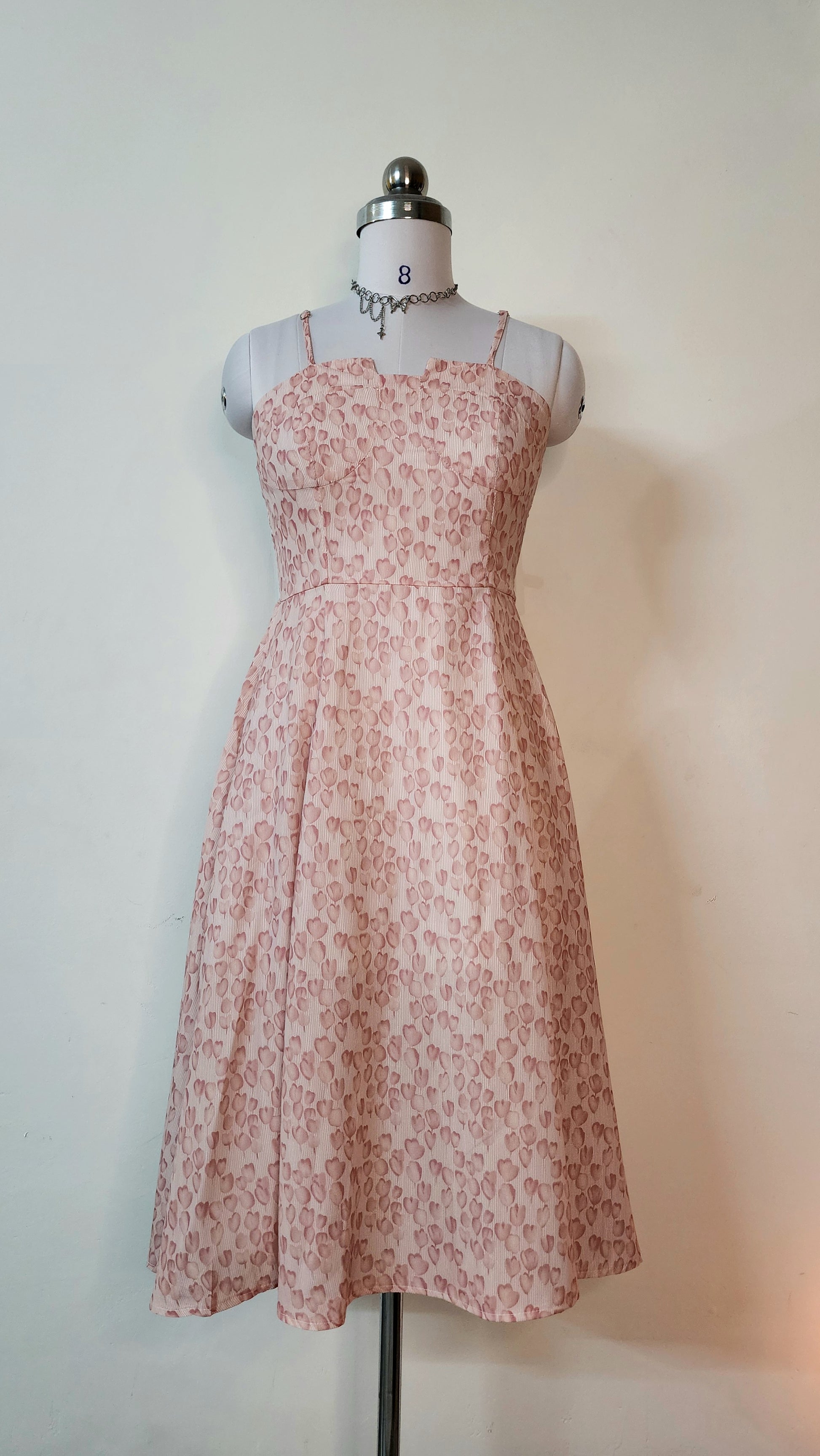 Pink Heart Print Midi Dress - Strappy A-Line Dress