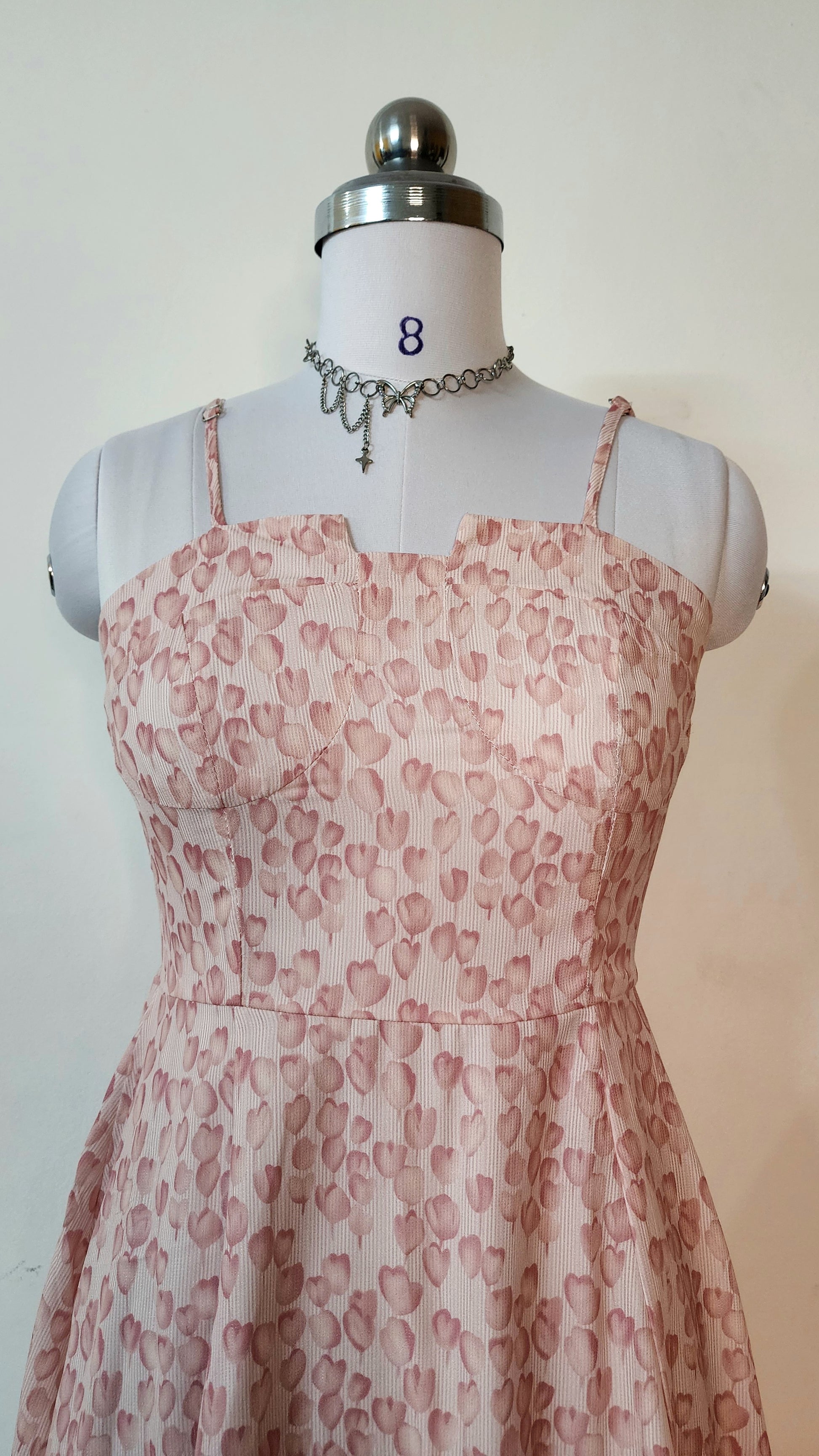 Pink Heart Print Midi Dress - Strappy A-Line Dress