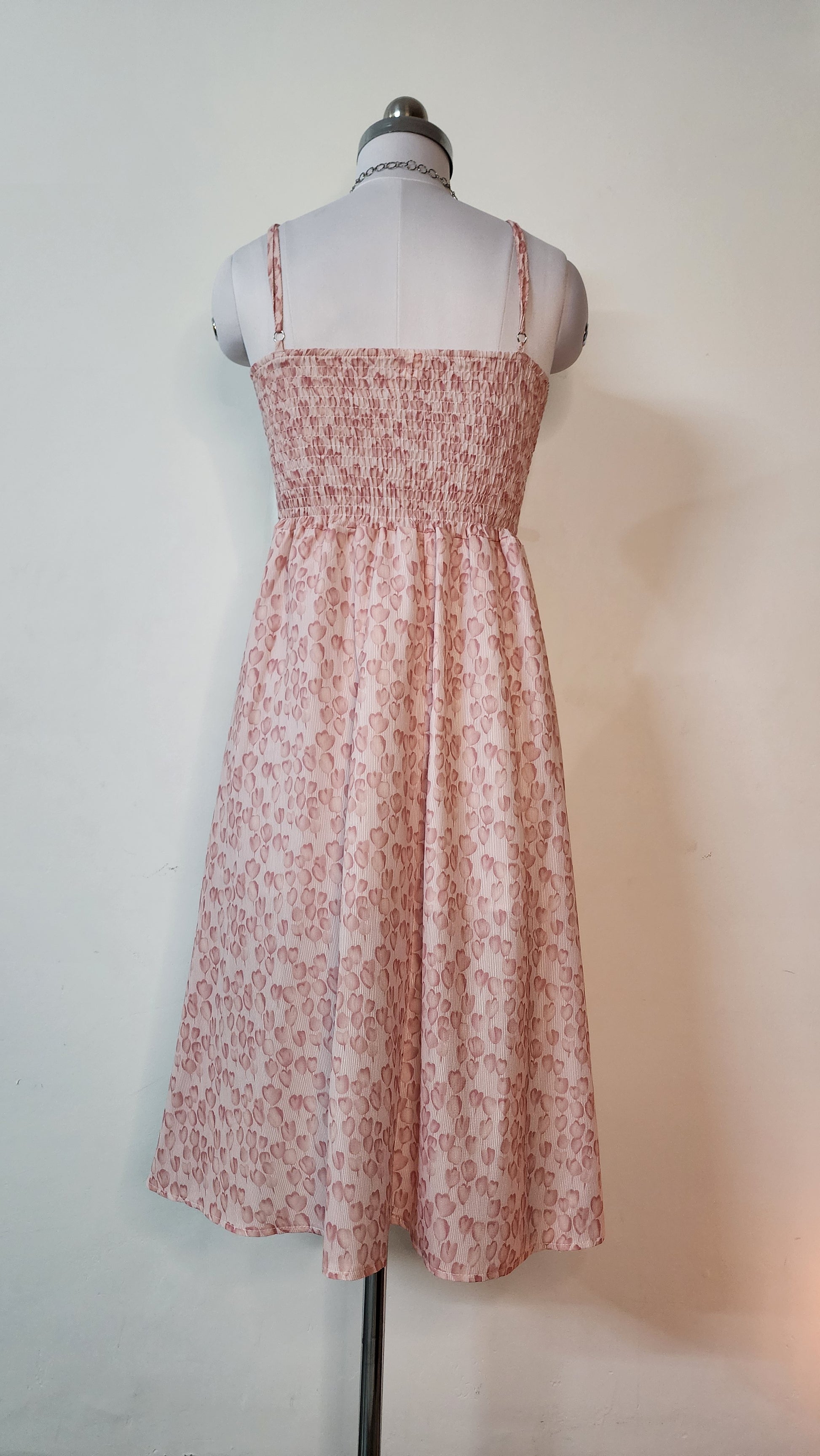 Pink Heart Print Midi Dress - Strappy A-Line Dress