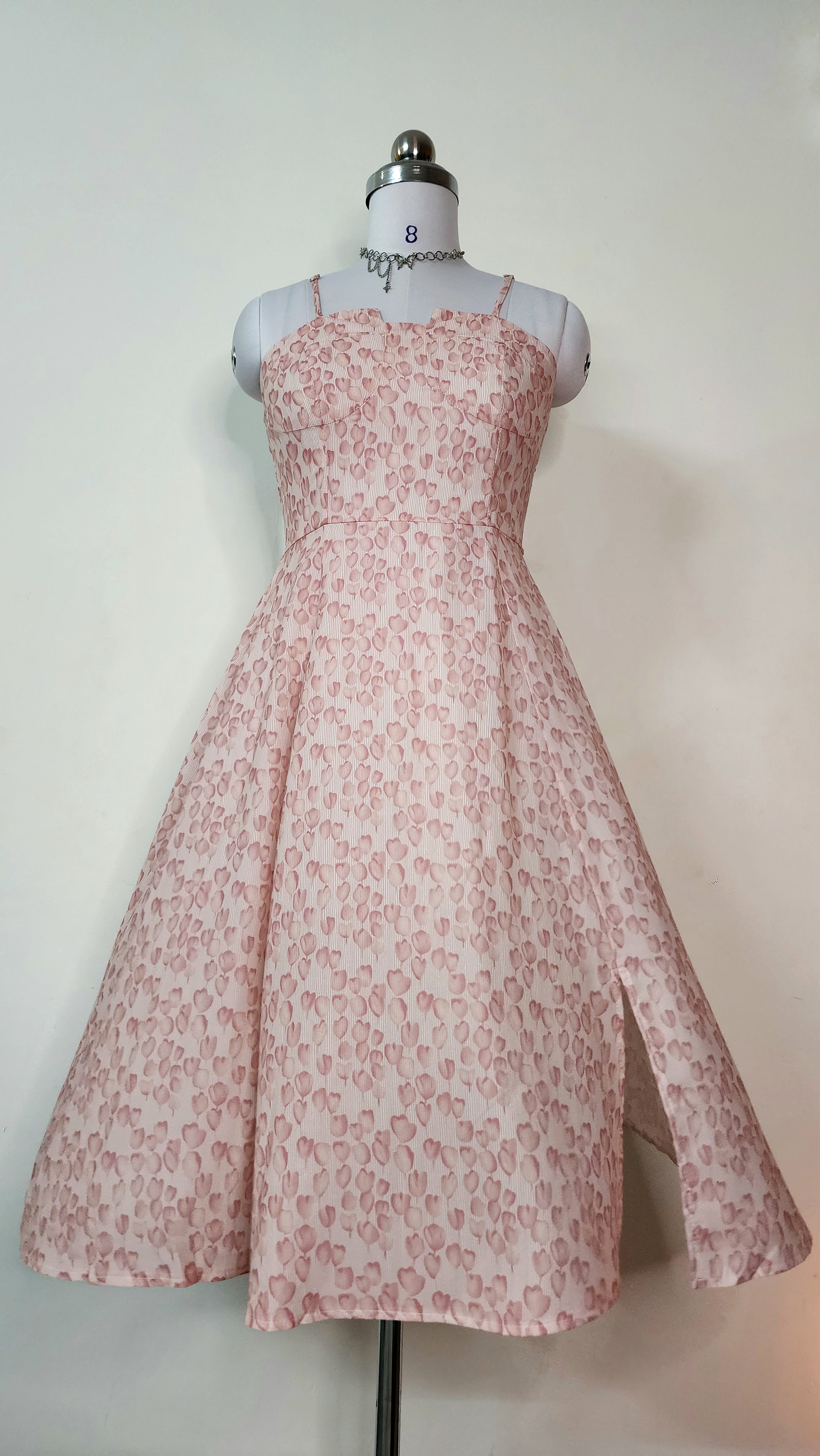 Pink Heart Print Midi Dress - Strappy A-Line Dress