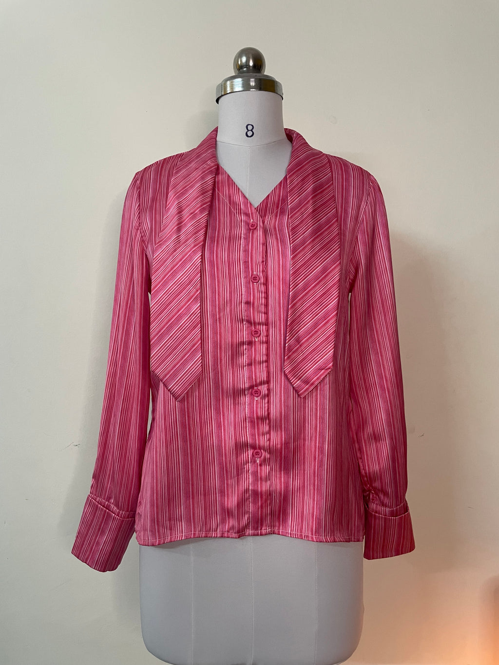 Pink Striped Tie-Neck Blouse - Long Sleeve Button-Up Top