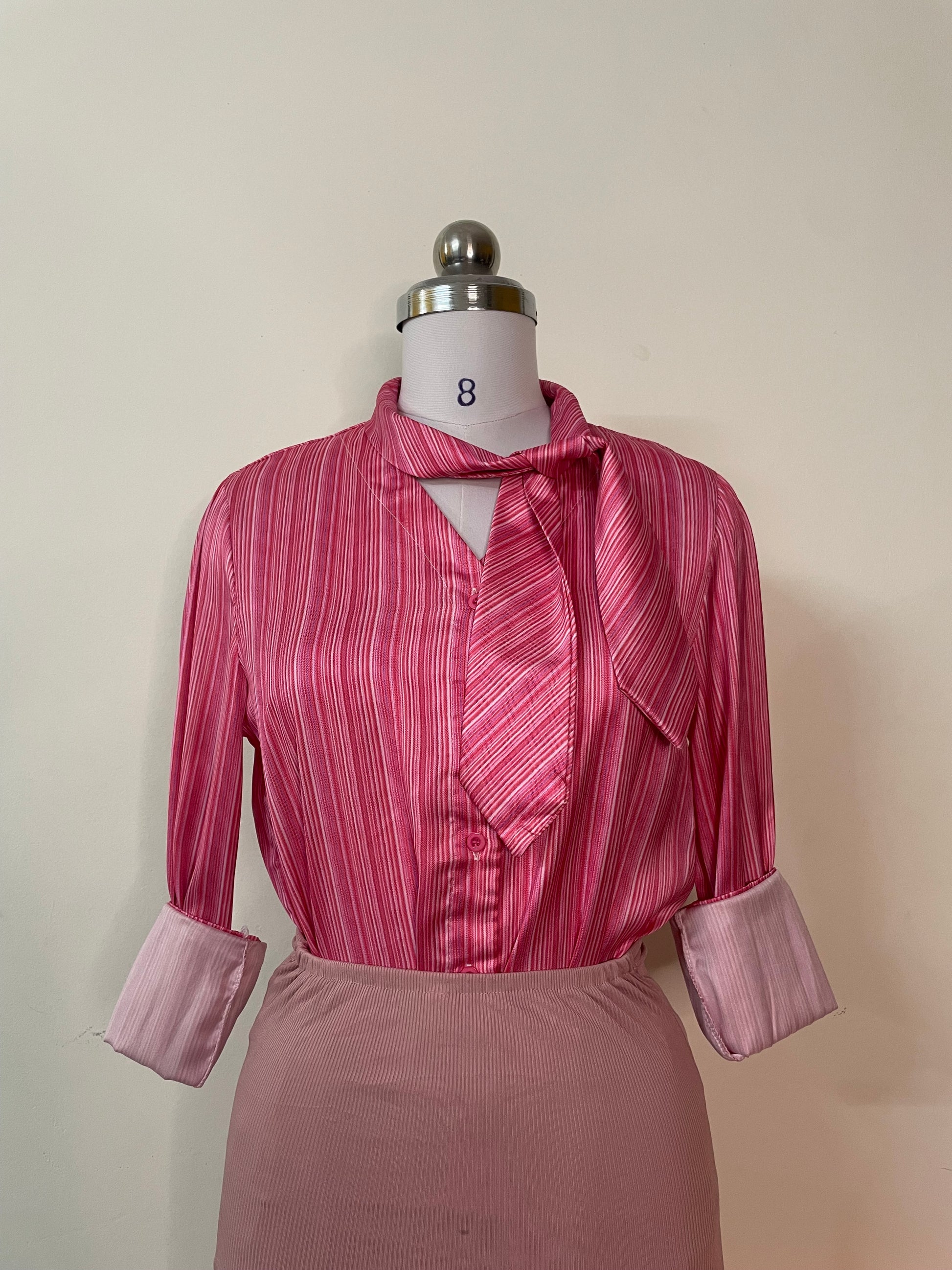 Pink Striped Tie-Neck Blouse - Long Sleeve Button-Up Top