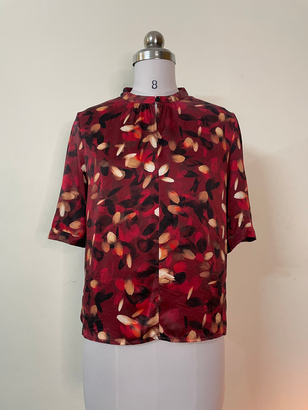 Red Abstract Floral Print Blouse - Short Sleeve Stand Collar Top