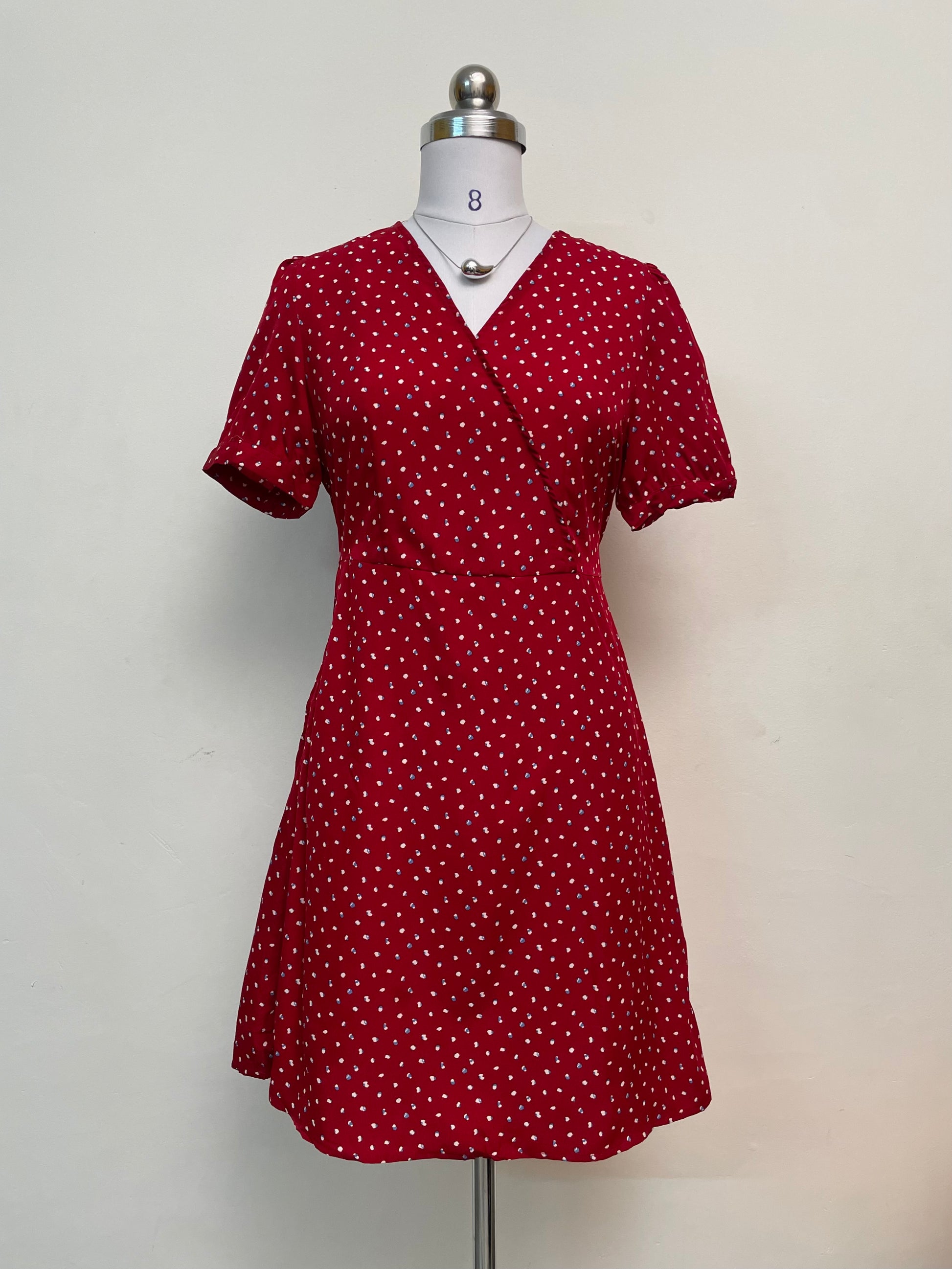Red Dotted Wrap Mini Dress - Short Sleeve V-Neck