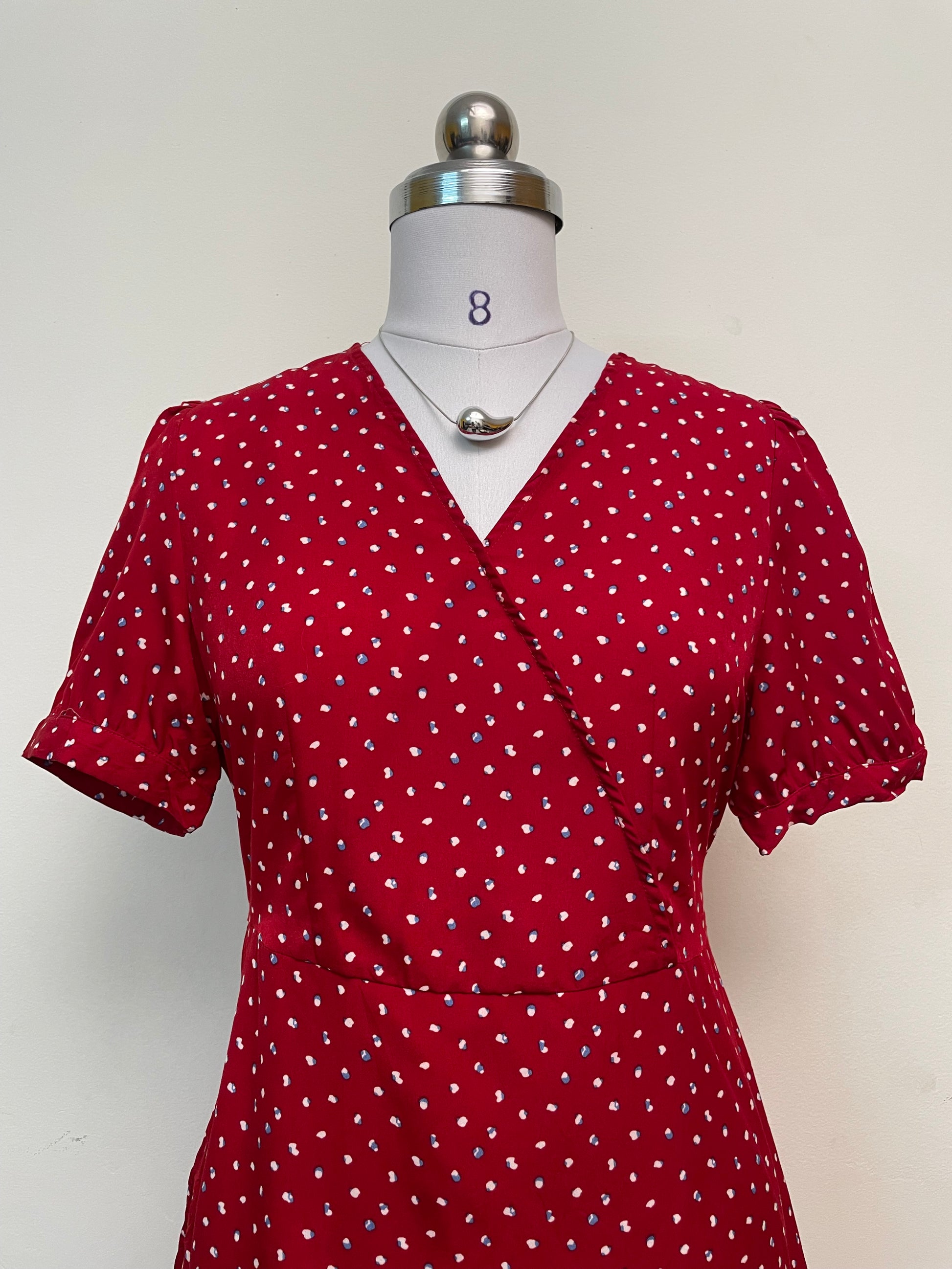 Red Dotted Wrap Mini Dress - Short Sleeve V-Neck