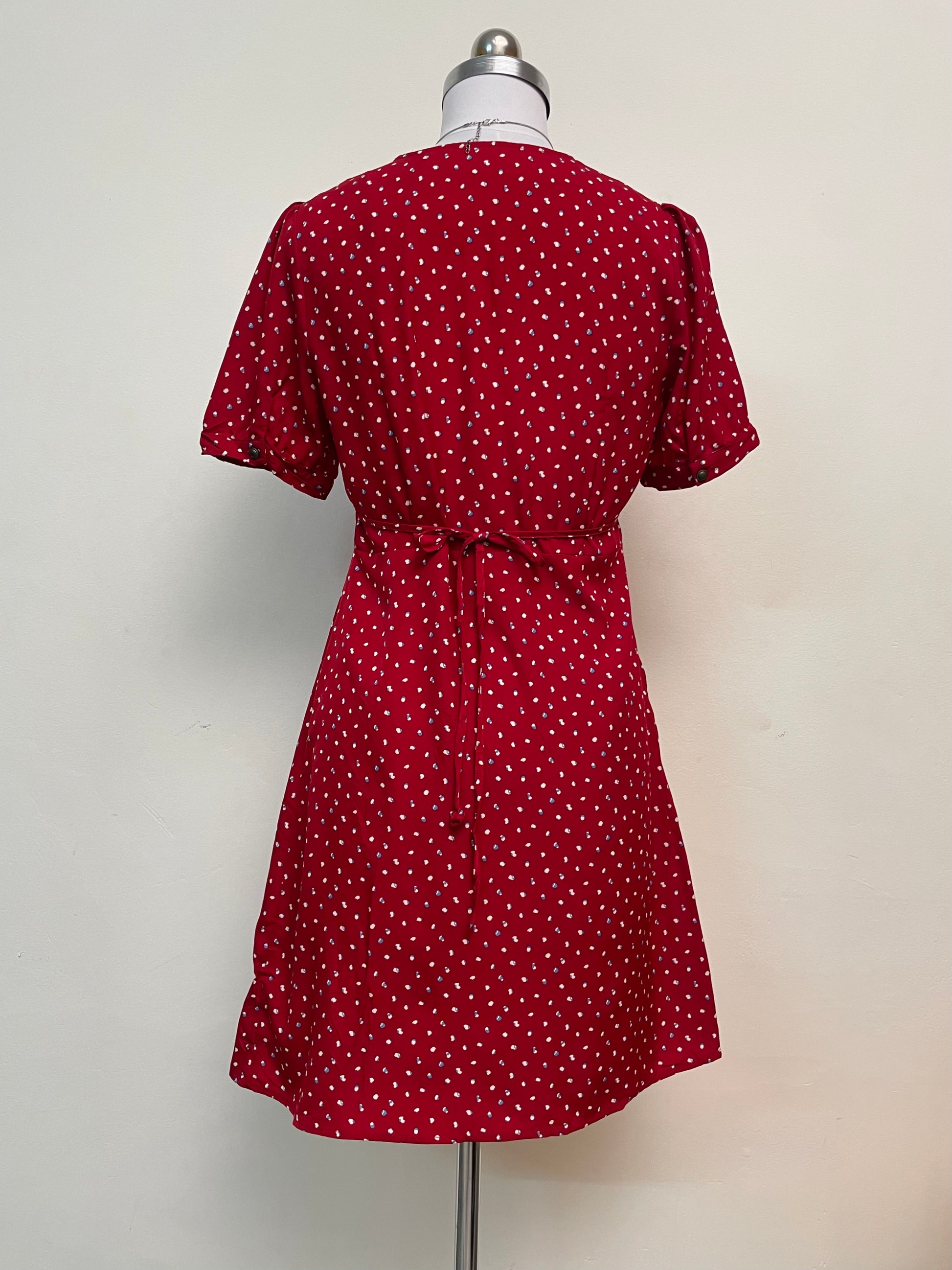 Red Dotted Wrap Mini Dress - Short Sleeve V-Neck